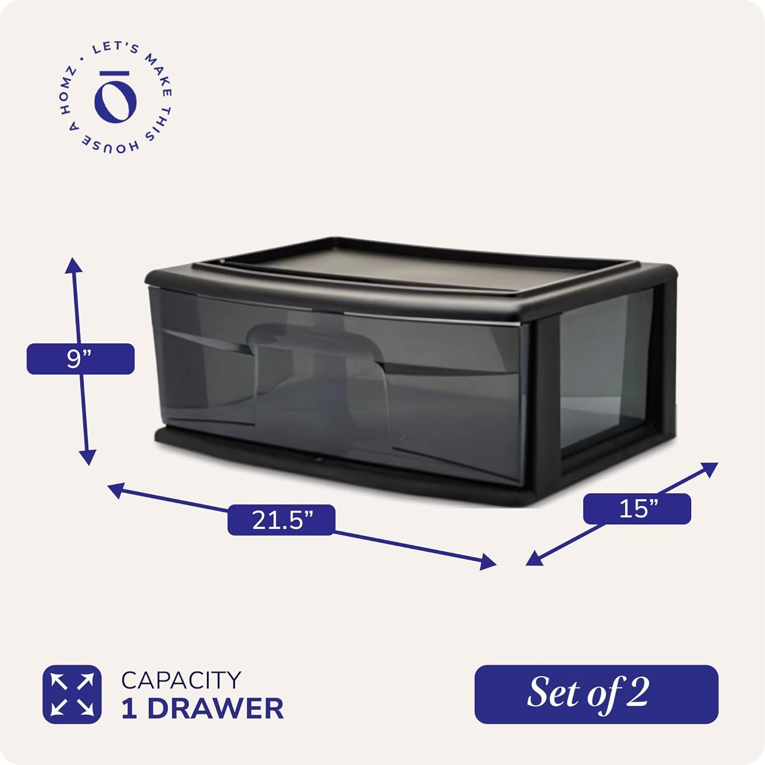 imageHOMZ 2Pack 1Drawer Storage Cart Clear Plastic Container 15quot Wide Body Black Frame  Organizing Drawer Containers for Home Bathroom Bedroom Office and ClassroomBlack frame with smoke tint drawers