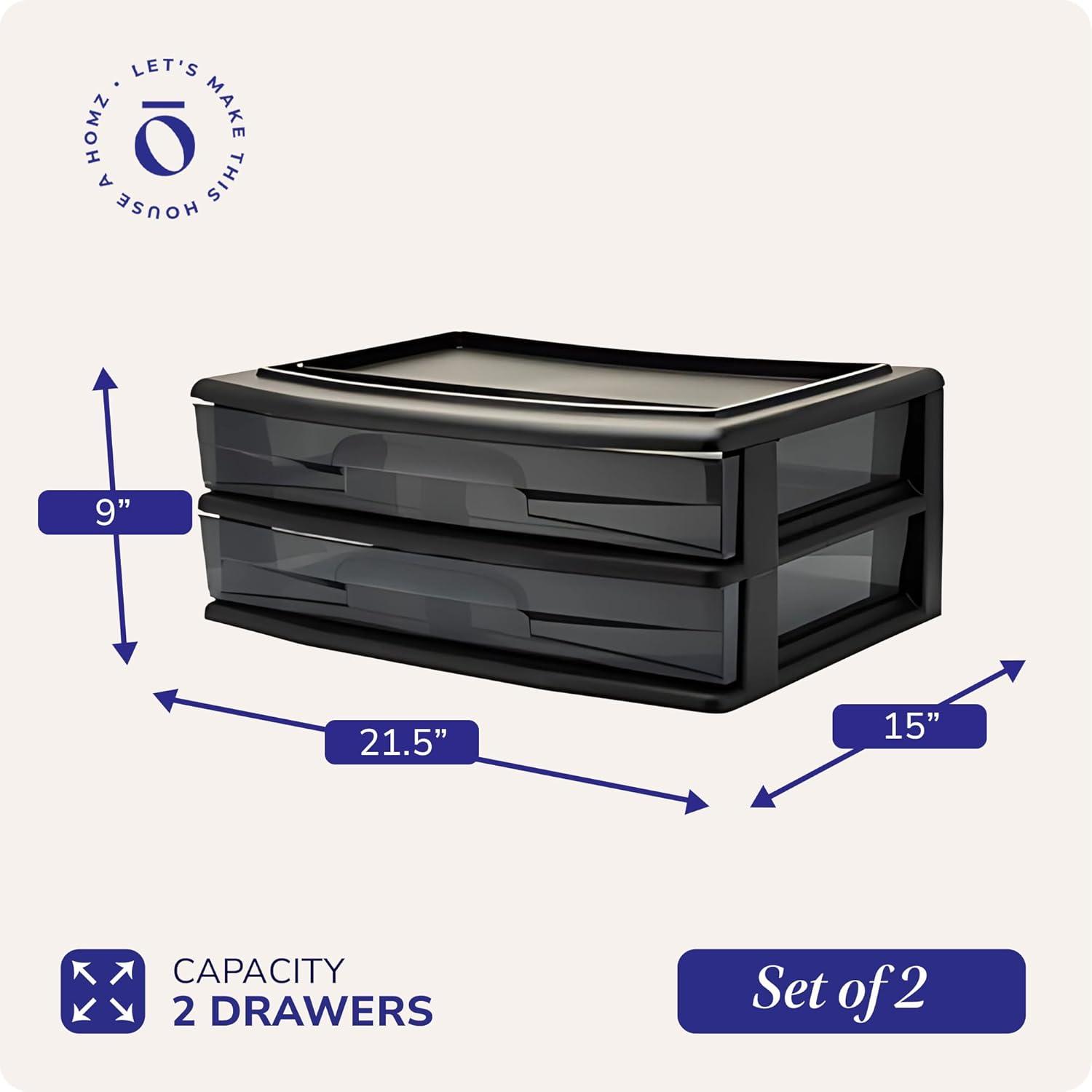 imageHOMZ 2Pack 2Drawer Storage Cart Plastic Drawers with Smoke Tint 15quot Wide Body Black Frame  Organizing Drawer Containers for Home Bathroom Bedroom Office and ClassroomBlack frame with smoke tint drawers