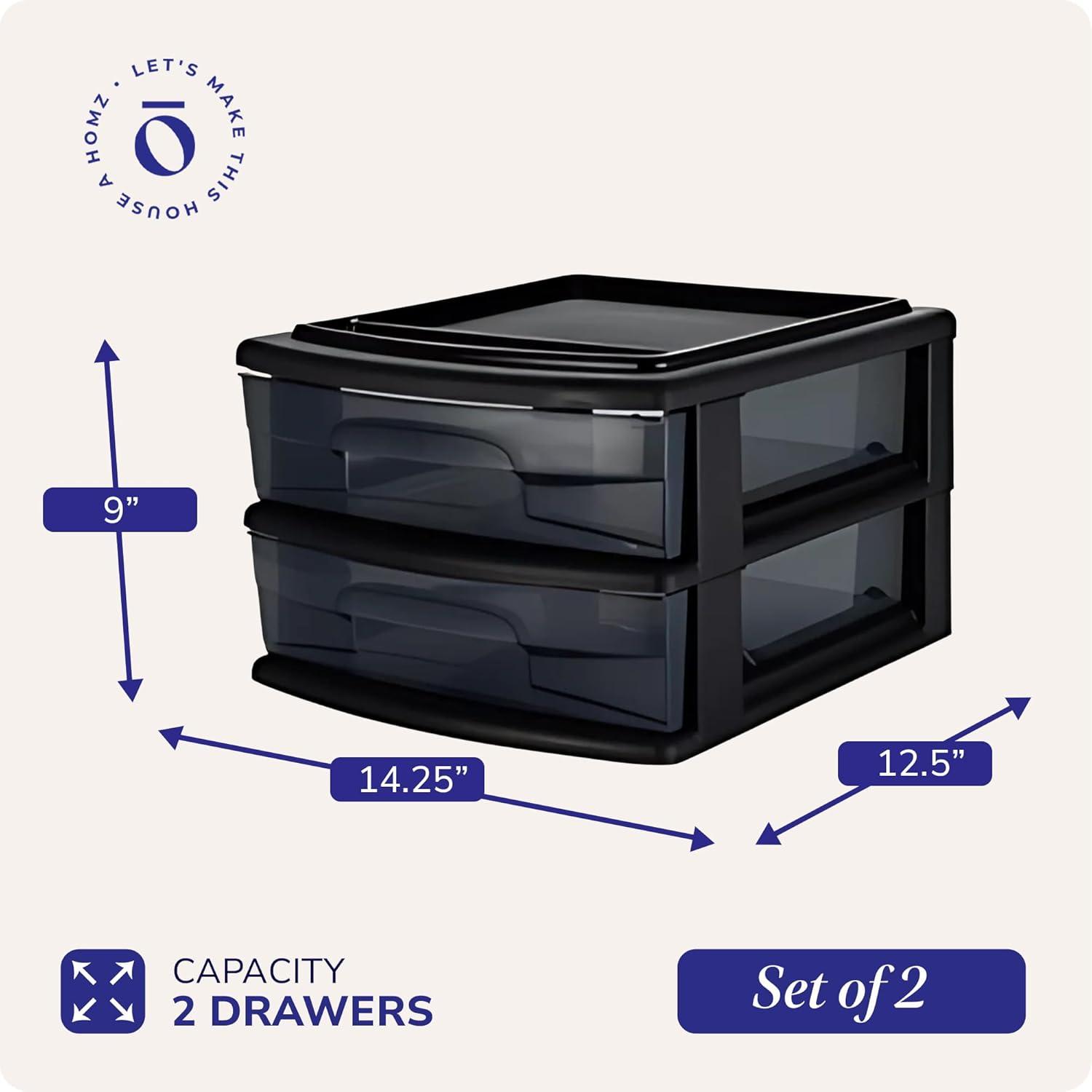 imageHOMZ 2Pack 2Drawer Storage Cart Plastic Drawers with Smoke Tint 15quot Wide Body Black Frame  Organizing Drawer Containers for Home Bathroom Bedroom Office and ClassroomBlack frame with smoke tint drawers