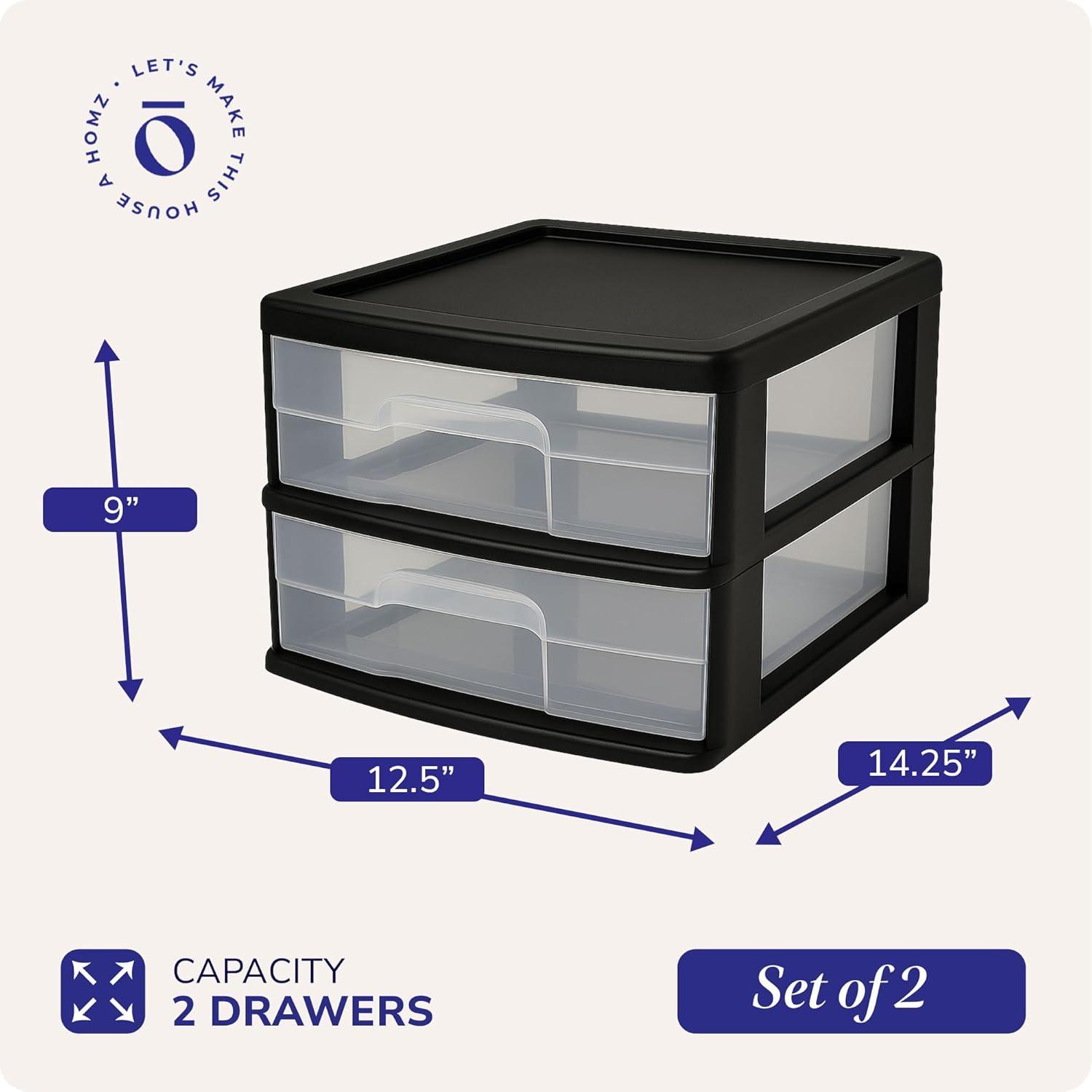 imageHOMZ 2Pack 2Drawer Storage Cart Plastic Drawers with Smoke Tint 15quot Wide Body Black Frame  Organizing Drawer Containers for Home Bathroom Bedroom Office and ClassroomBlack frame with clear drawers