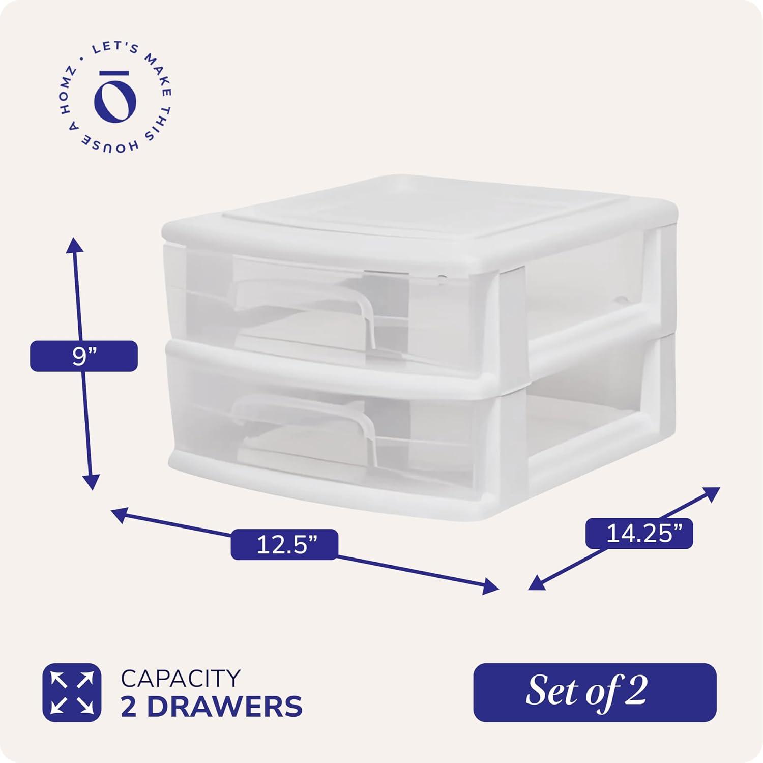 imageHOMZ 2Pack 2Drawer Storage Cart Plastic Drawers with Smoke Tint 15quot Wide Body Black Frame  Organizing Drawer Containers for Home Bathroom Bedroom Office and ClassroomWhite frame with clear drawers