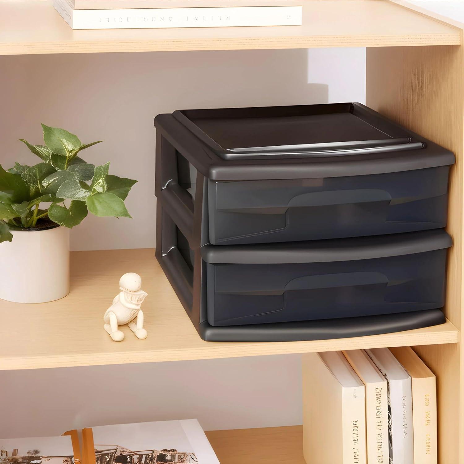 imageHOMZ 2Pack 2Drawer Storage Cart Plastic Drawers with Smoke Tint 15quot Wide Body Black Frame  Organizing Drawer Containers for Home Bathroom Bedroom Office and ClassroomBlack frame with smoke tint drawers