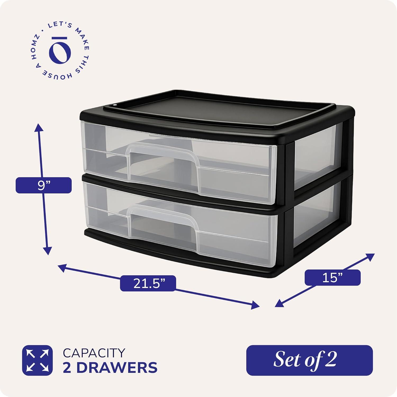 imageHOMZ 2Pack 2Drawer Storage Cart Plastic Drawers with Smoke Tint 15quot Wide Body Black Frame  Organizing Drawer Containers for Home Bathroom Bedroom Office and ClassroomBlack frame with clear drawers