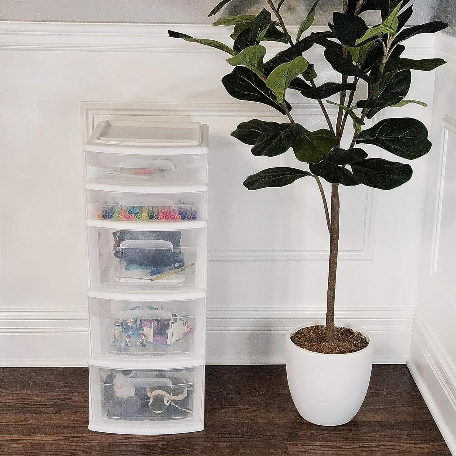 imageHOMZ 2Pack Drawer Tower 5Tier Clear Plastic Storage Organizer Unit Black Frame  MultiPurpose Container Drawers for Bedroom Bathroom and Office OrganizationWhite