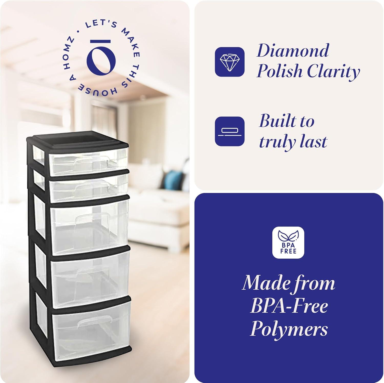 imageHOMZ 2Pack Drawer Tower 5Tier Clear Plastic Storage Organizer Unit Black Frame  MultiPurpose Container Drawers for Bedroom Bathroom and Office OrganizationBlack