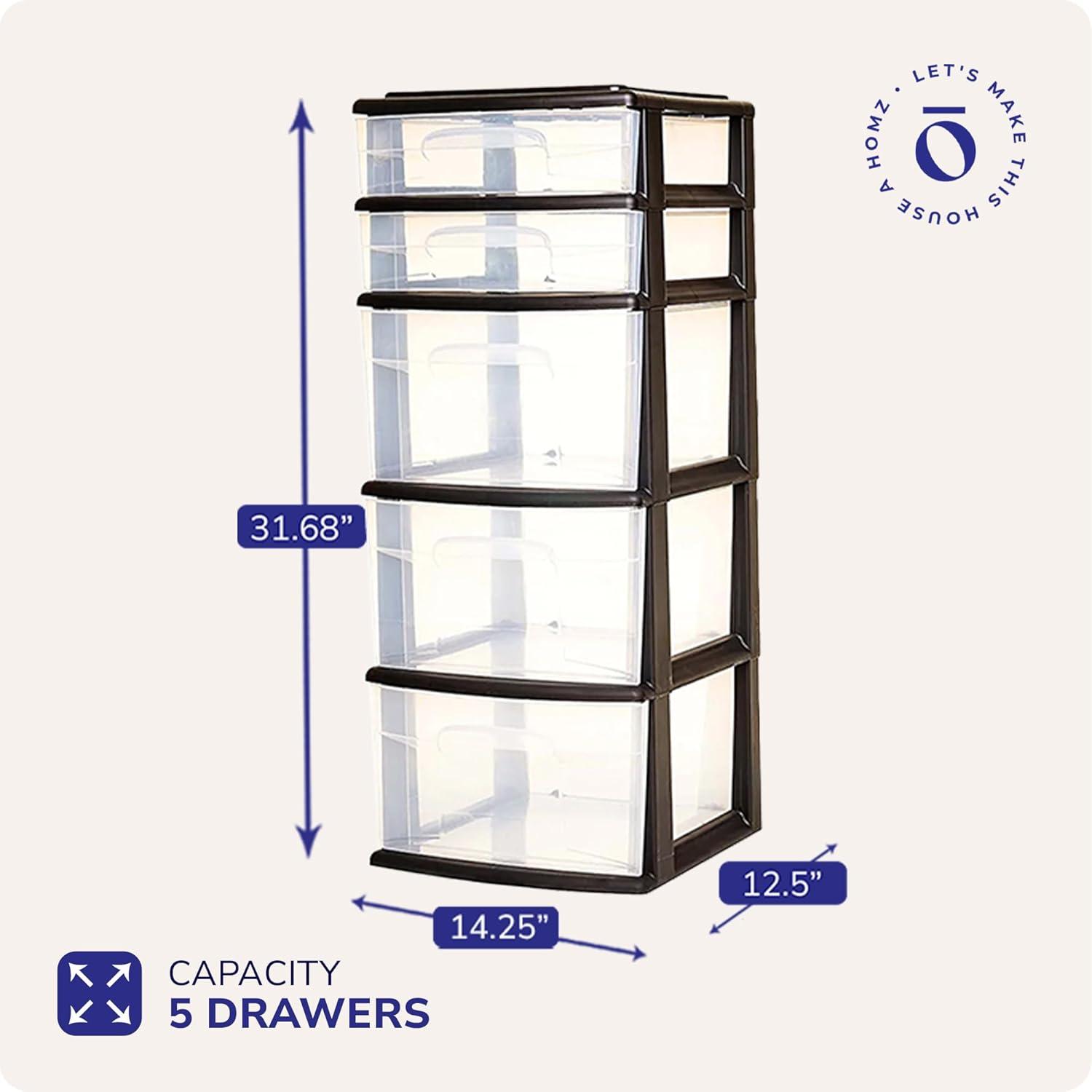 imageHOMZ 2Pack Drawer Tower 5Tier Clear Plastic Storage Organizer Unit Black Frame  MultiPurpose Container Drawers for Bedroom Bathroom and Office OrganizationBlack