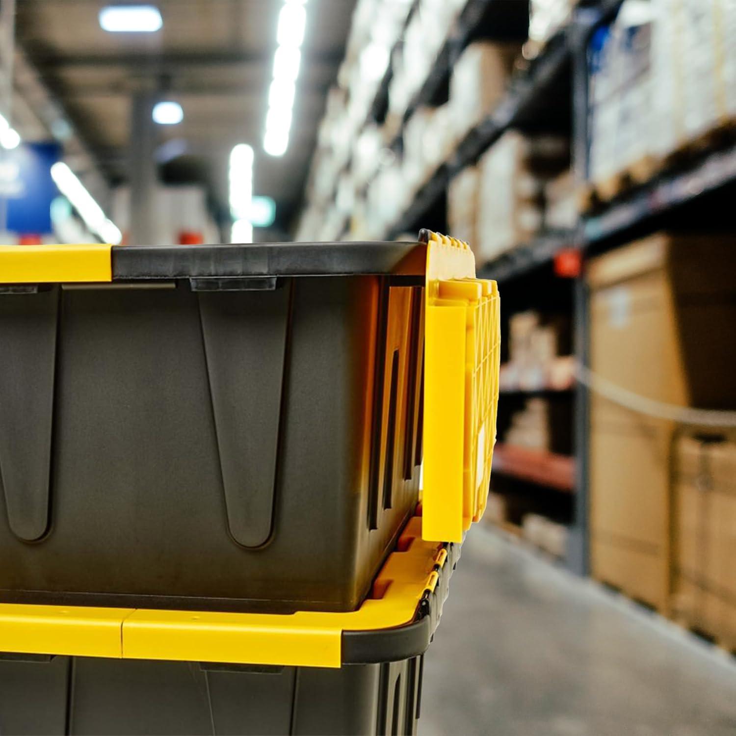 imageHOMZ 2Pack Durabilt Heavy Duty Plastic Storage Bins with Lids 27 Gallon GreenRed  Stackable Container Boxes for Holiday Attic and Garage OrganizationBlack BaseYellow Lid