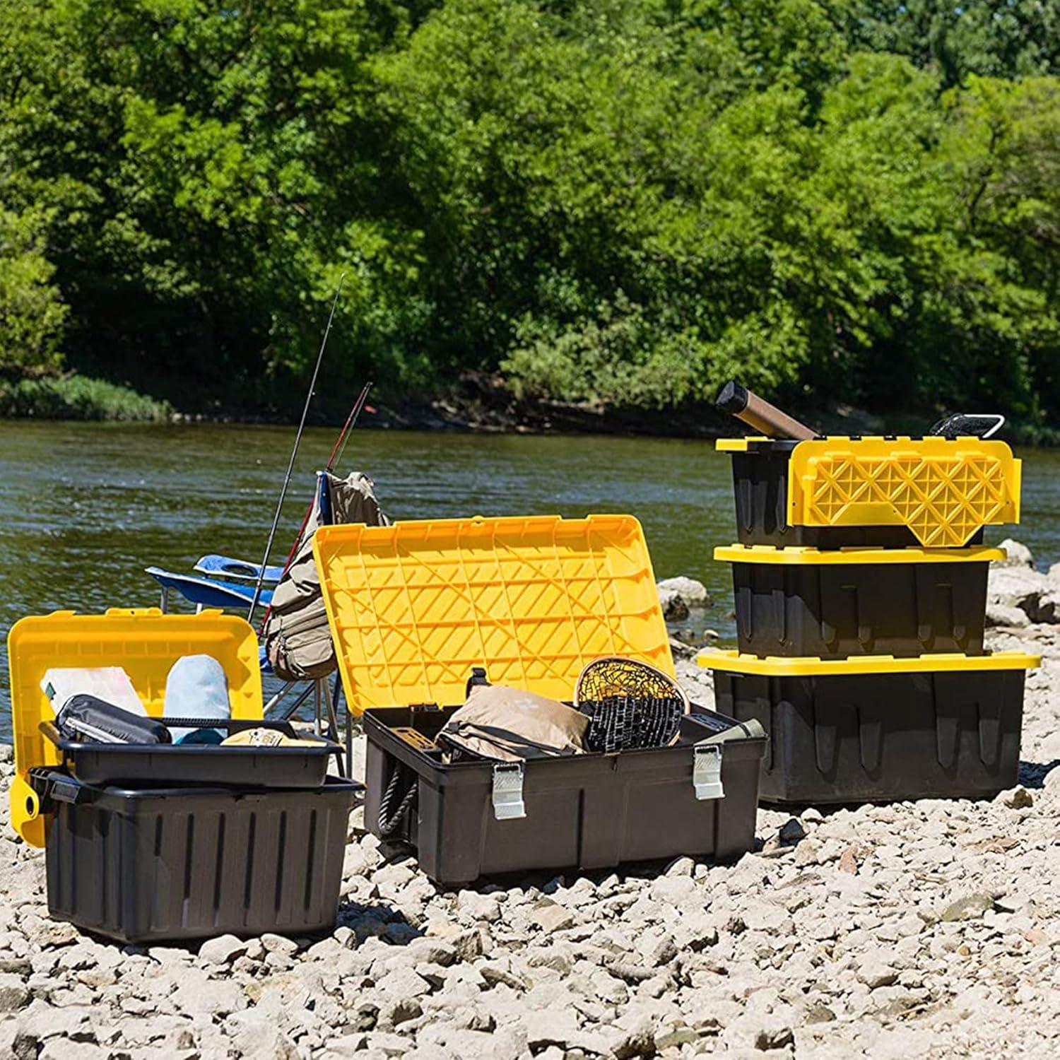 imageHOMZ 2Pack Durabilt Heavy Duty Plastic Storage Bins with Lids 27 Gallon GreenRed  Stackable Container Boxes for Holiday Attic and Garage OrganizationBlack BaseYellow Lid