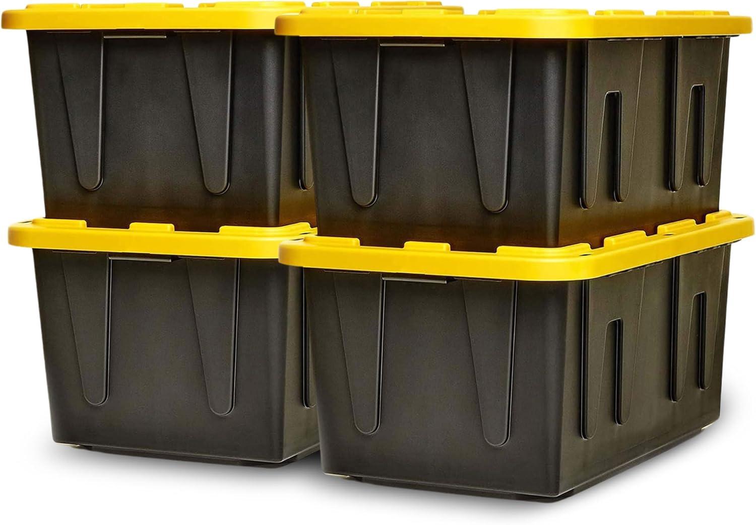 imageHOMZ 2Pack Durabilt Heavy Duty Plastic Storage Bins with Lids 27 Gallon GreenRed  Stackable Container Boxes for Holiday Attic and Garage OrganizationBlack BaseYellow Lid