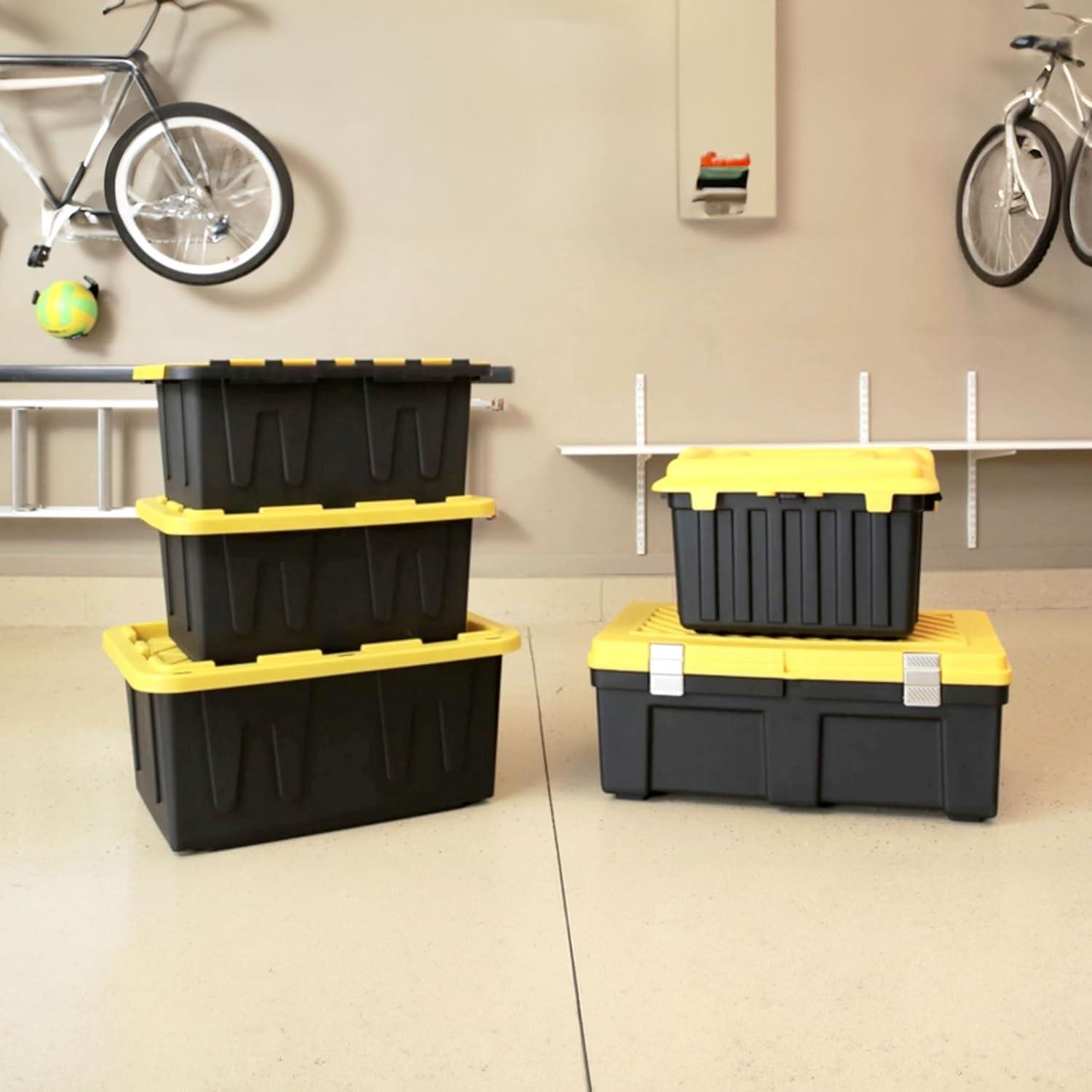 imageHOMZ 2Pack Durabilt Heavy Duty Plastic Storage Bins with Lids 27 Gallon GreenRed  Stackable Container Boxes for Holiday Attic and Garage OrganizationBlack BaseYellow Lid