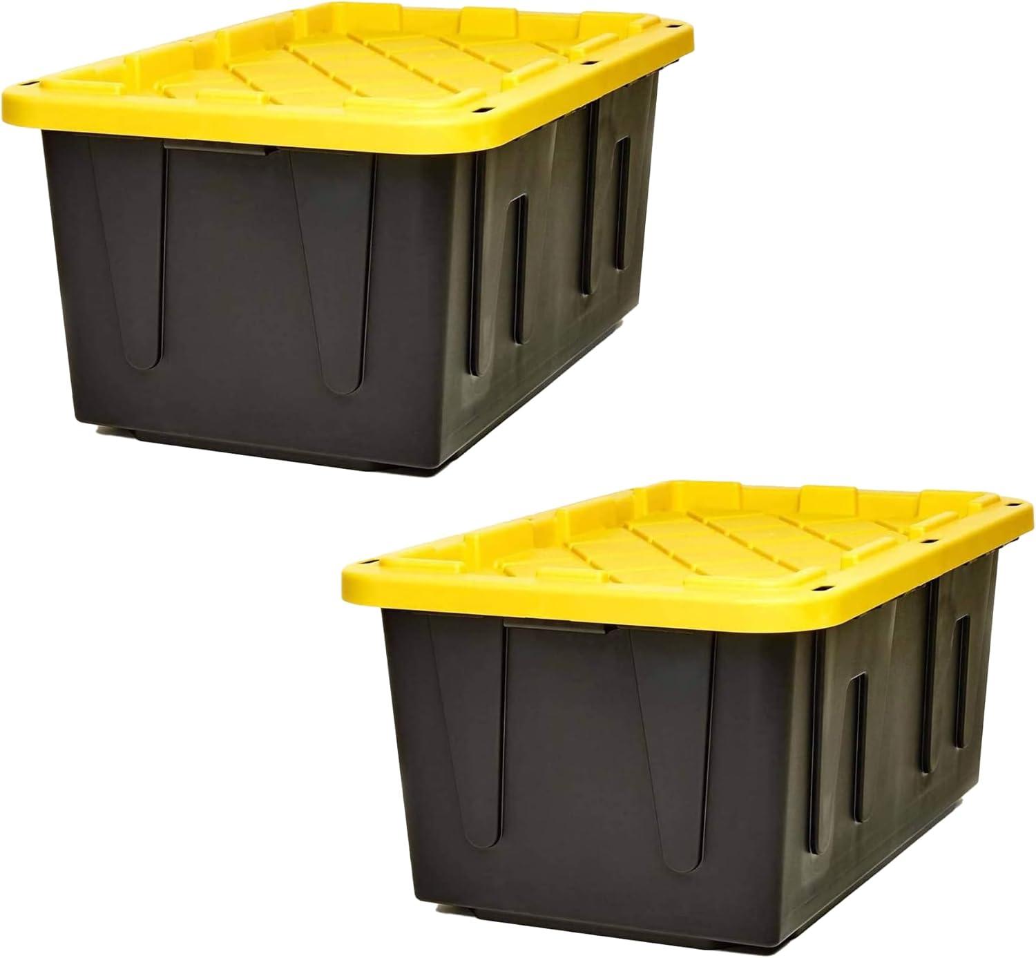 imageHOMZ 2Pack Durabilt Heavy Duty Plastic Storage Bins with Lids 27 Gallon GreenRed  Stackable Container Boxes for Holiday Attic and Garage OrganizationBlack BaseYellow Lid
