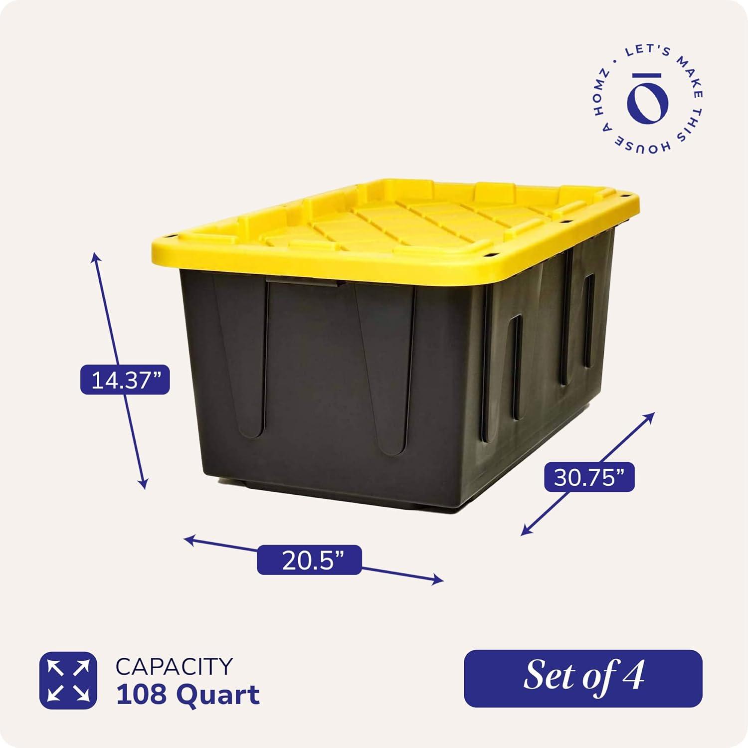 imageHOMZ 2Pack Durabilt Heavy Duty Plastic Storage Bins with Lids 27 Gallon GreenRed  Stackable Container Boxes for Holiday Attic and Garage OrganizationBlack BaseYellow Lid