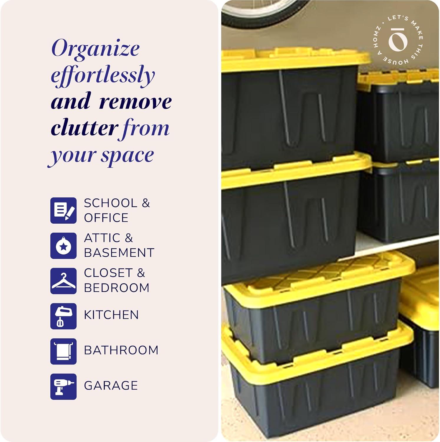 imageHOMZ 2Pack Durabilt Heavy Duty Plastic Storage Bins with Lids 27 Gallon GreenRed  Stackable Container Boxes for Holiday Attic and Garage OrganizationBlack BaseYellow Lid