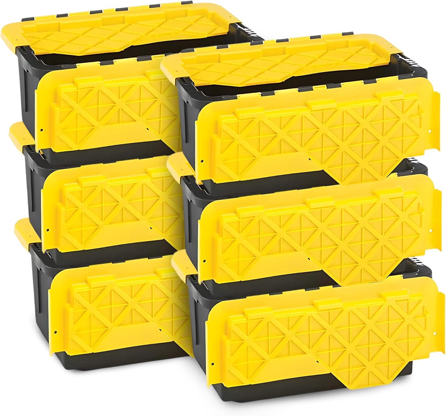 imageHOMZ 2Pack Durabilt Heavy Duty Plastic Storage Bins with Lids 27 Gallon GreenRed  Stackable Container Boxes for Holiday Attic and Garage OrganizationBlack BaseYellow Lid