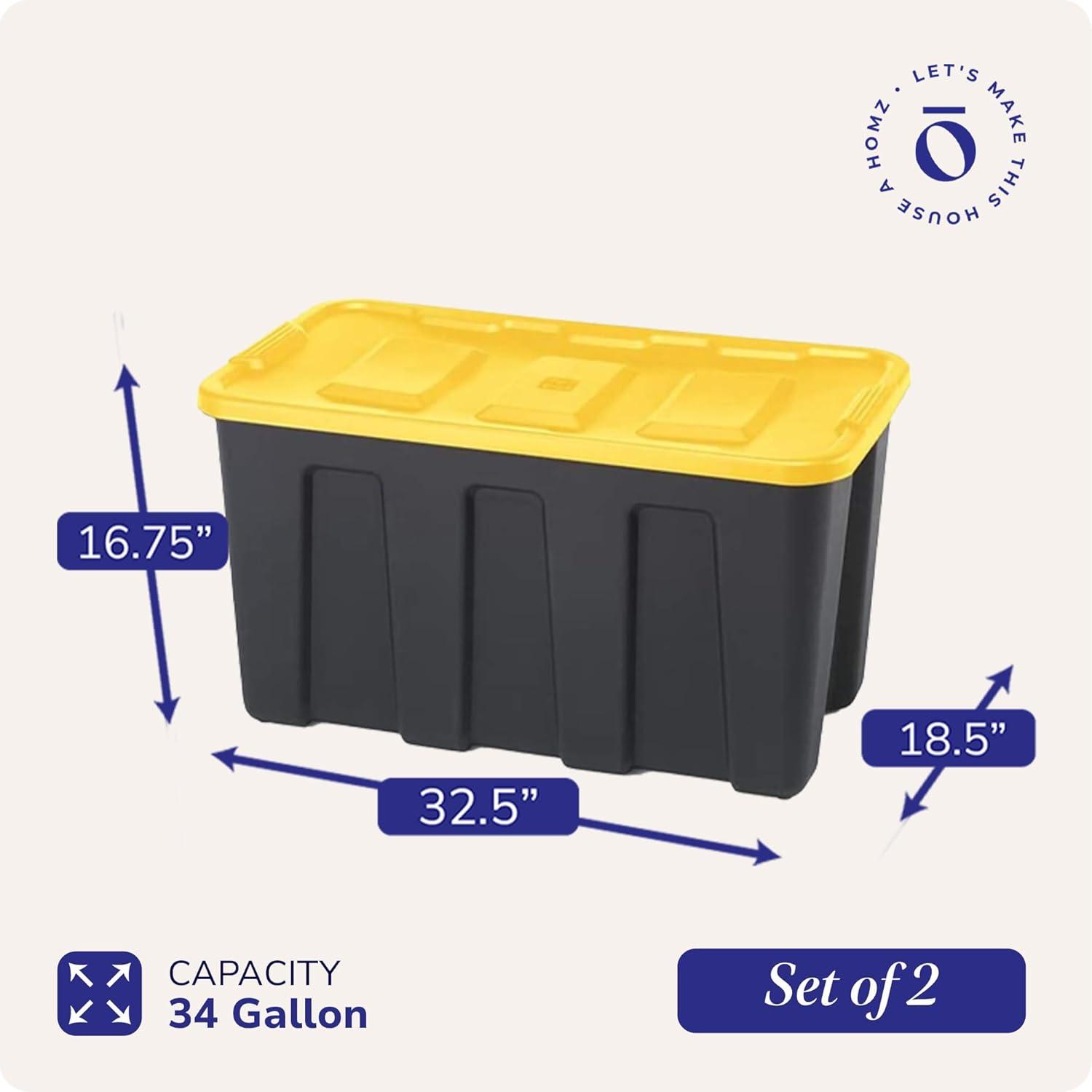 imageHOMZ 2Pack Durabilt Heavy Duty Plastic Storage Bins with Lids 27 Gallon GreenRed  Stackable Container Boxes for Holiday Attic and Garage OrganizationBlack BaseYellow Lid