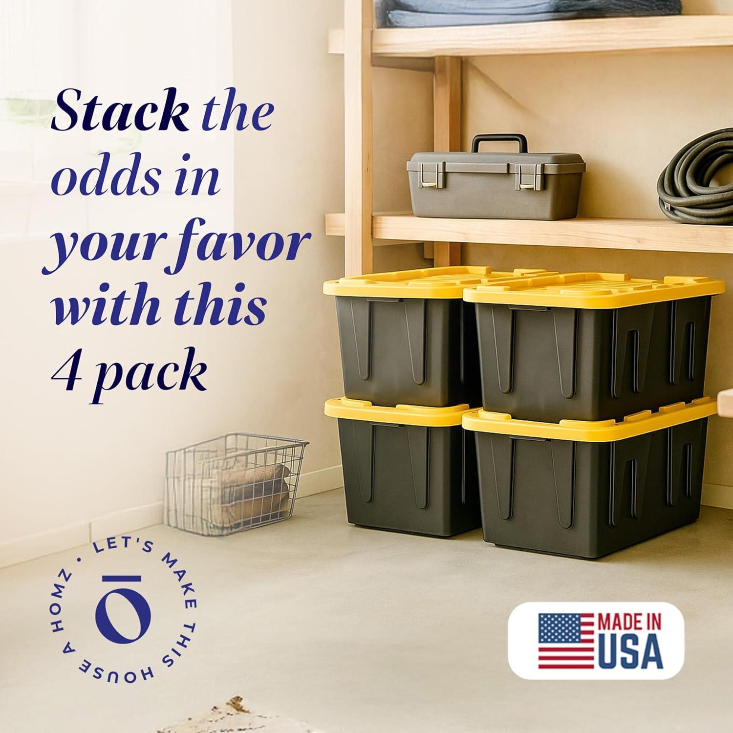 imageHOMZ 2Pack Durabilt Heavy Duty Plastic Storage Bins with Lids 27 Gallon GreenRed  Stackable Container Boxes for Holiday Attic and Garage OrganizationBlack BaseYellow Lid