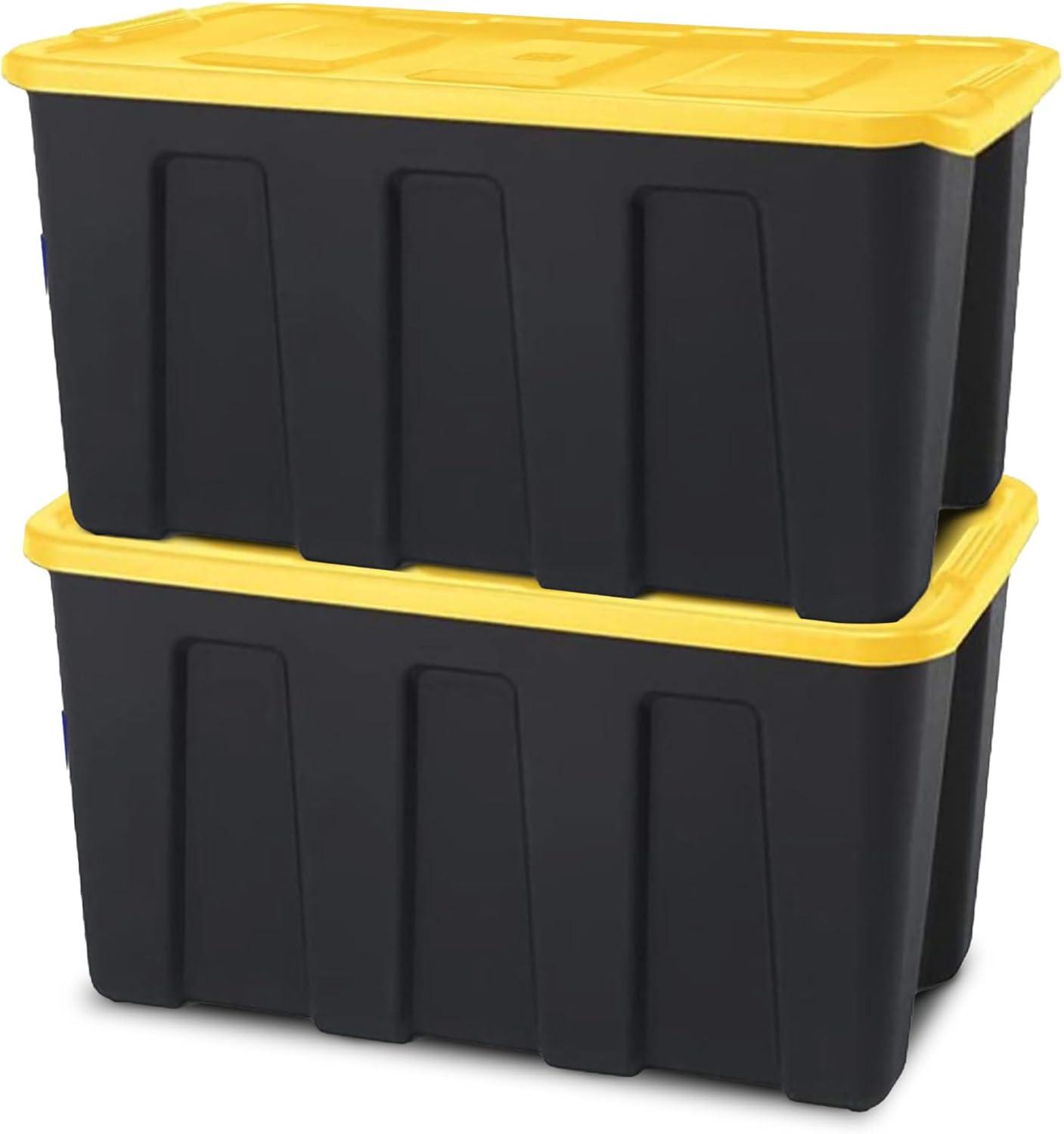 imageHOMZ 2Pack Durabilt Heavy Duty Plastic Storage Bins with Lids 27 Gallon GreenRed  Stackable Container Boxes for Holiday Attic and Garage OrganizationBlack BaseYellow Lid