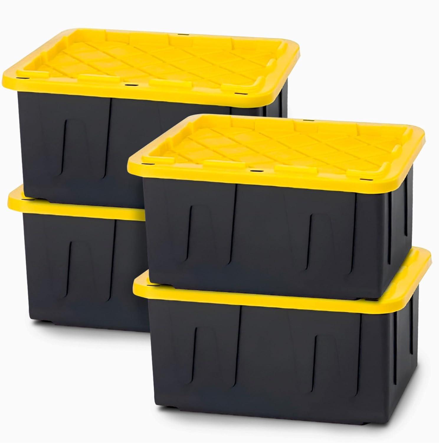 imageHOMZ 2Pack Durabilt Heavy Duty Plastic Storage Bins with Lids 27 Gallon GreenRed  Stackable Container Boxes for Holiday Attic and Garage OrganizationBlack BaseYellow Lid