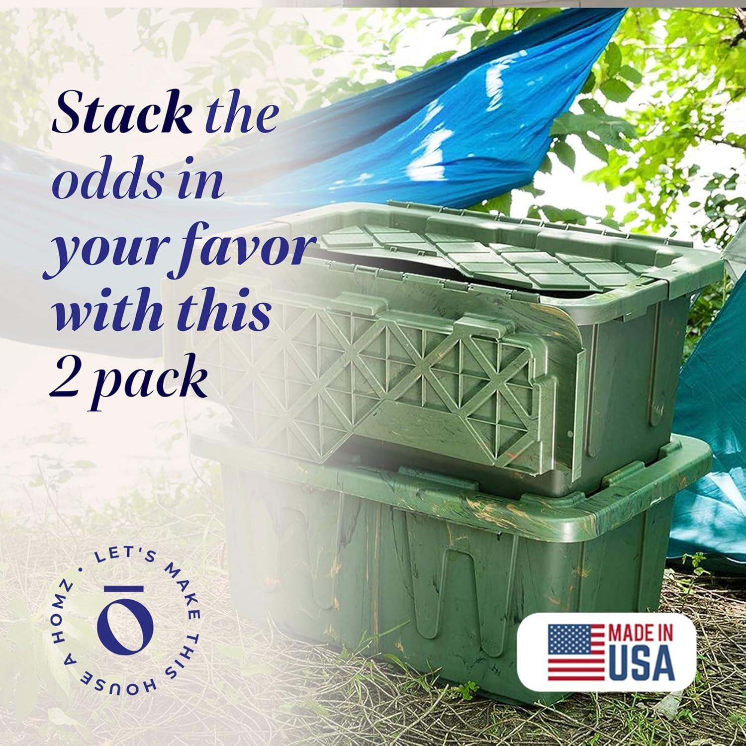 imageHOMZ 2Pack Durabilt Heavy Duty Plastic Storage Bins with Lids 27 Gallon GreenRed  Stackable Container Boxes for Holiday Attic and Garage OrganizationCamo Green