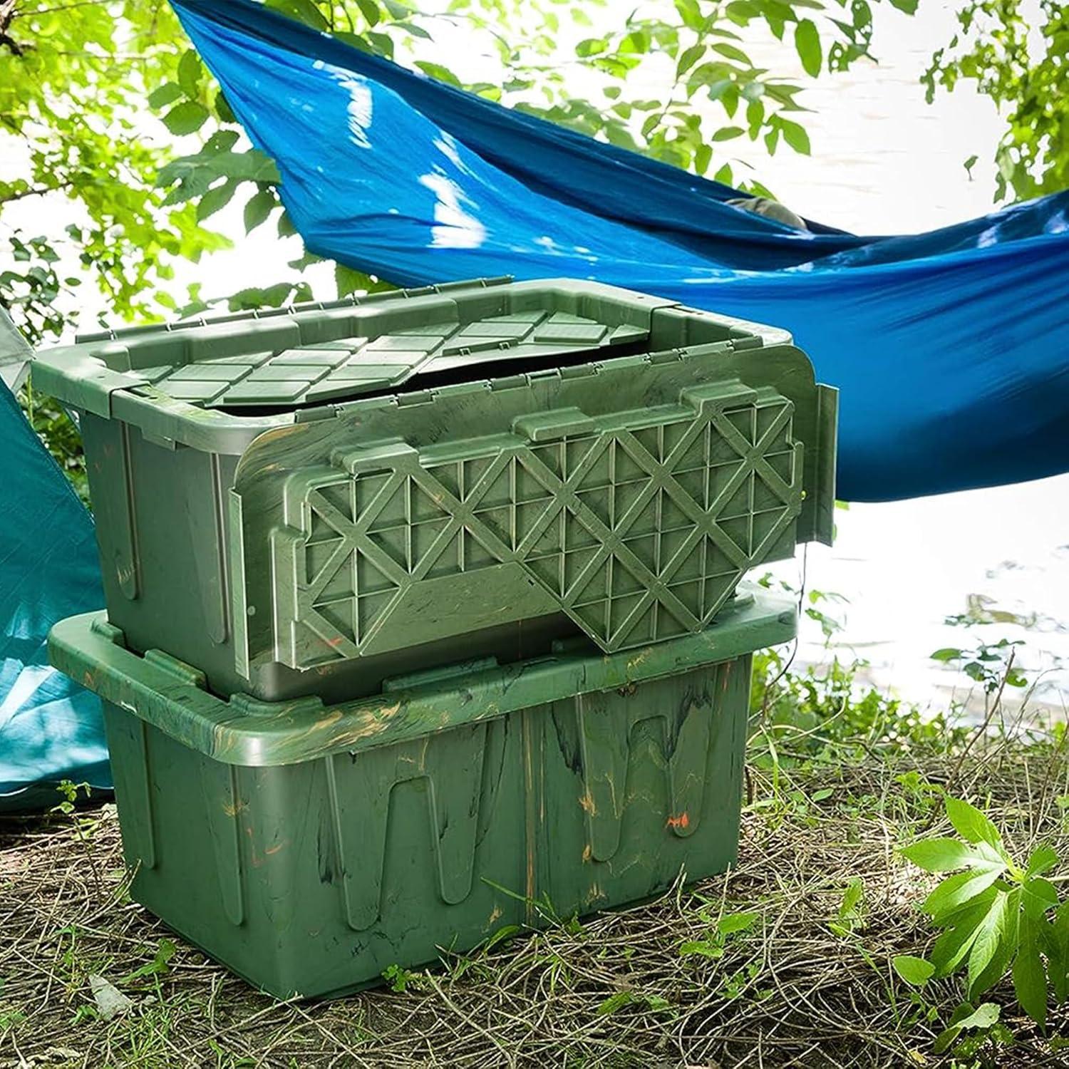 imageHOMZ 2Pack Durabilt Heavy Duty Plastic Storage Bins with Lids 27 Gallon GreenRed  Stackable Container Boxes for Holiday Attic and Garage OrganizationCamo Green