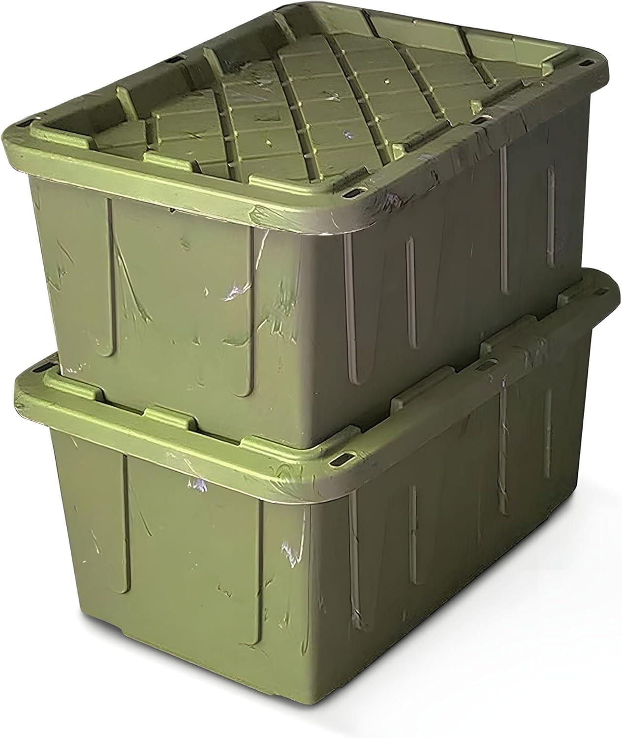 imageHOMZ 2Pack Durabilt Heavy Duty Plastic Storage Bins with Lids 27 Gallon GreenRed  Stackable Container Boxes for Holiday Attic and Garage OrganizationCamo Green