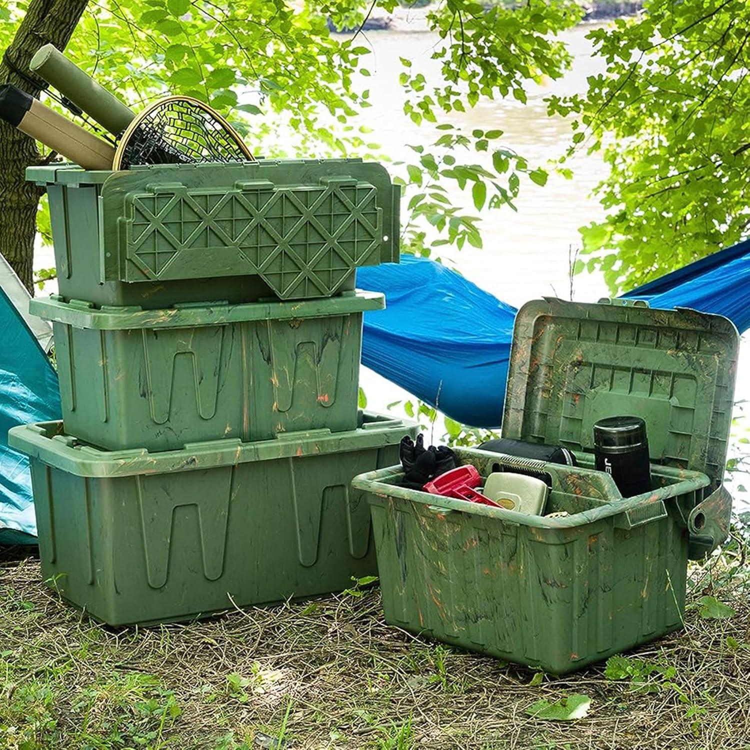 imageHOMZ 2Pack Durabilt Heavy Duty Plastic Storage Bins with Lids 27 Gallon GreenRed  Stackable Container Boxes for Holiday Attic and Garage OrganizationCamo Green