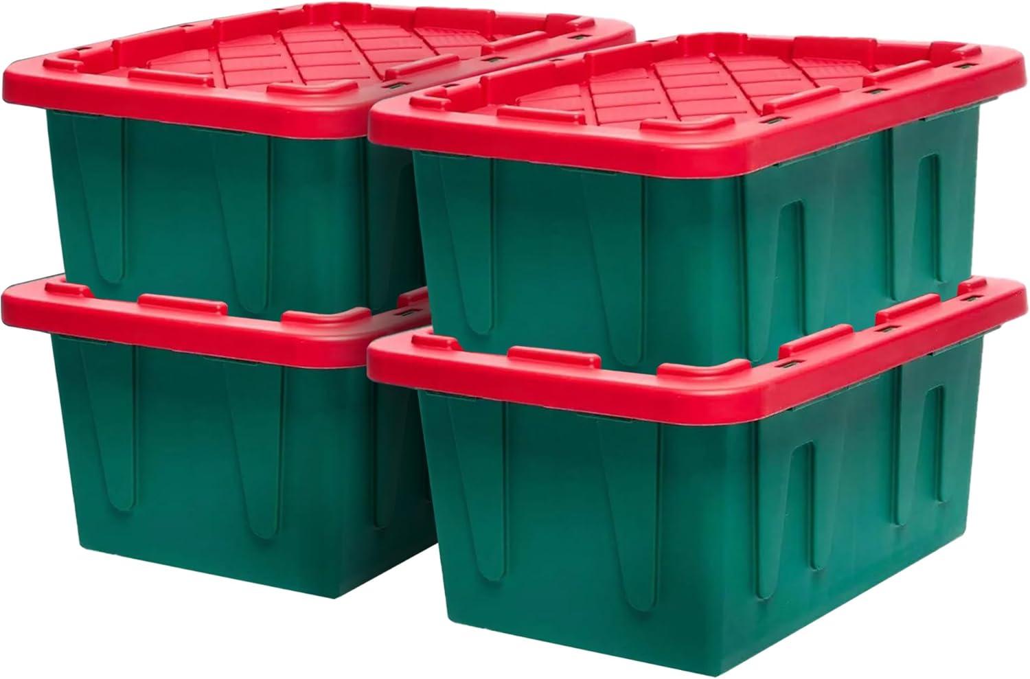 imageHOMZ 2Pack Durabilt Heavy Duty Plastic Storage Bins with Lids 27 Gallon GreenRed  Stackable Container Boxes for Holiday Attic and Garage OrganizationGreen BaseRed Lid