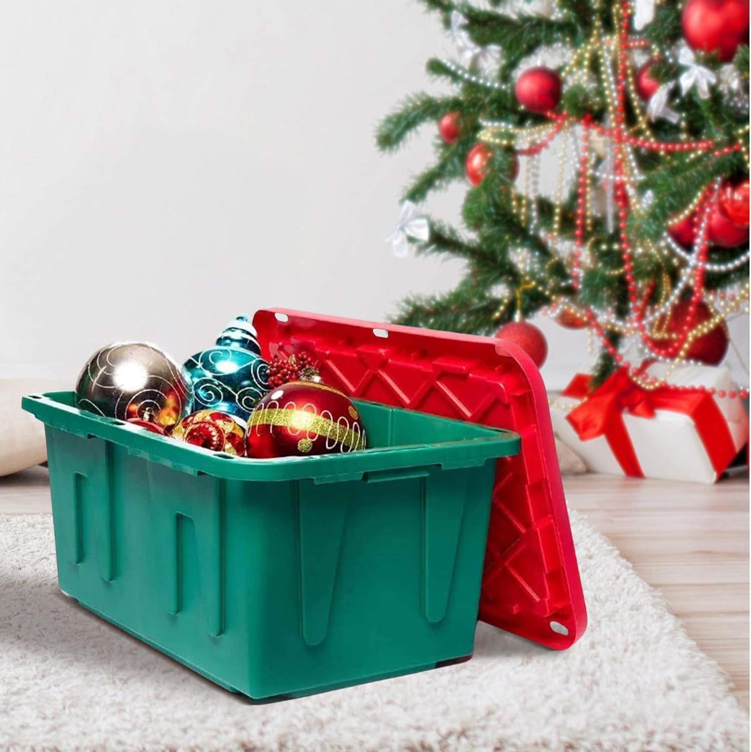 imageHOMZ 2Pack Durabilt Heavy Duty Plastic Storage Bins with Lids 27 Gallon GreenRed  Stackable Container Boxes for Holiday Attic and Garage OrganizationGreen BaseRed Lid