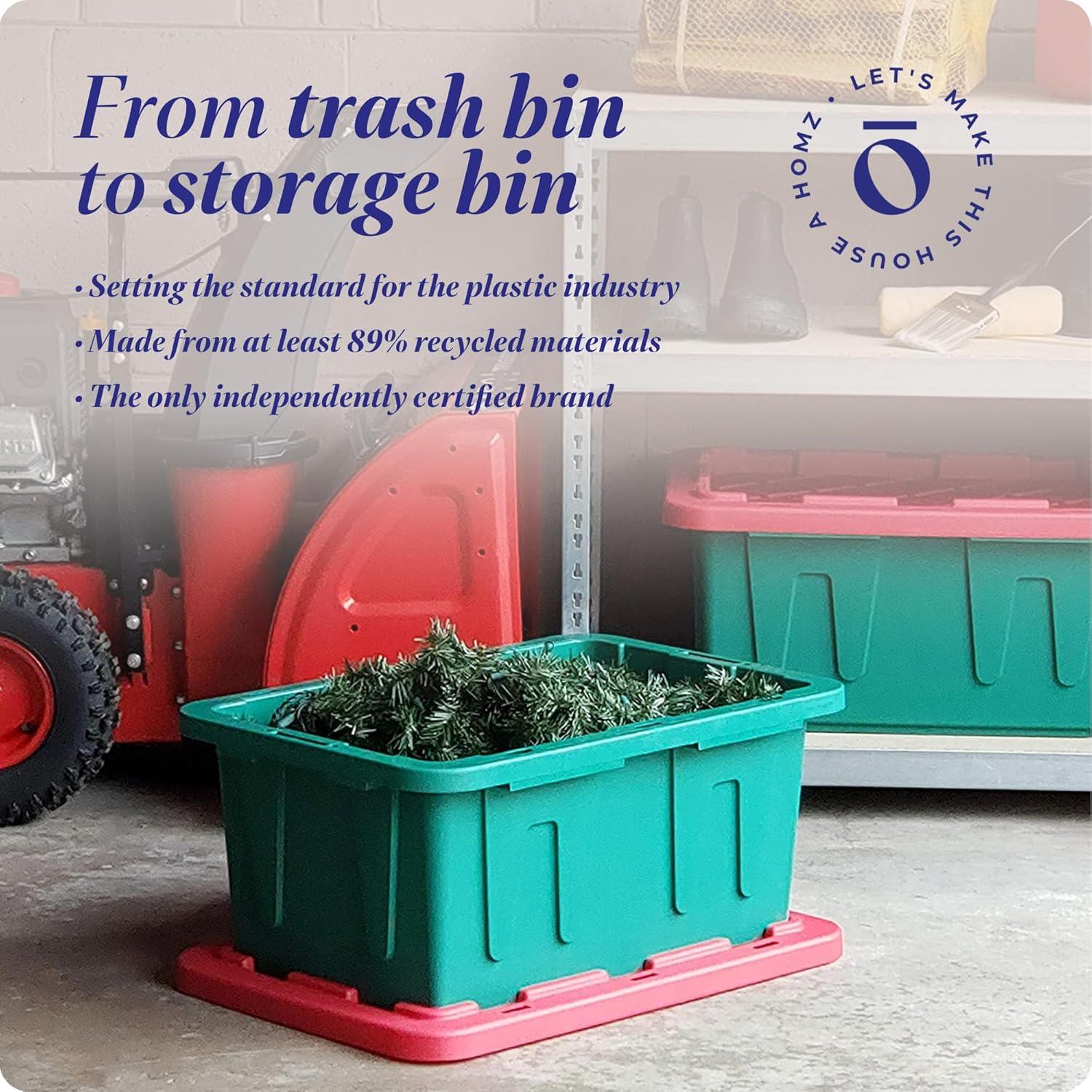 imageHOMZ 2Pack Durabilt Heavy Duty Plastic Storage Bins with Lids 27 Gallon GreenRed  Stackable Container Boxes for Holiday Attic and Garage OrganizationGreen BaseRed Lid