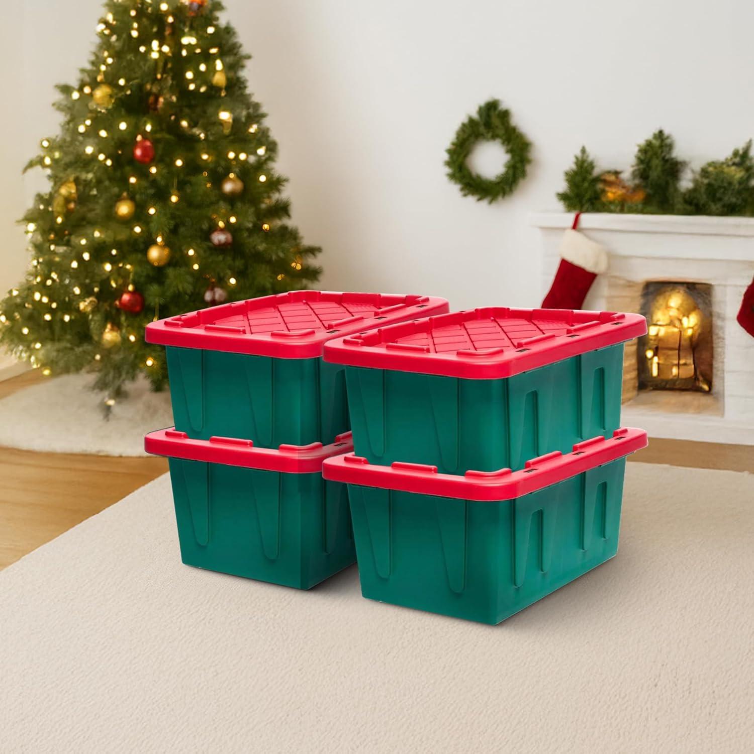imageHOMZ 2Pack Durabilt Heavy Duty Plastic Storage Bins with Lids 27 Gallon GreenRed  Stackable Container Boxes for Holiday Attic and Garage OrganizationGreen BaseRed Lid