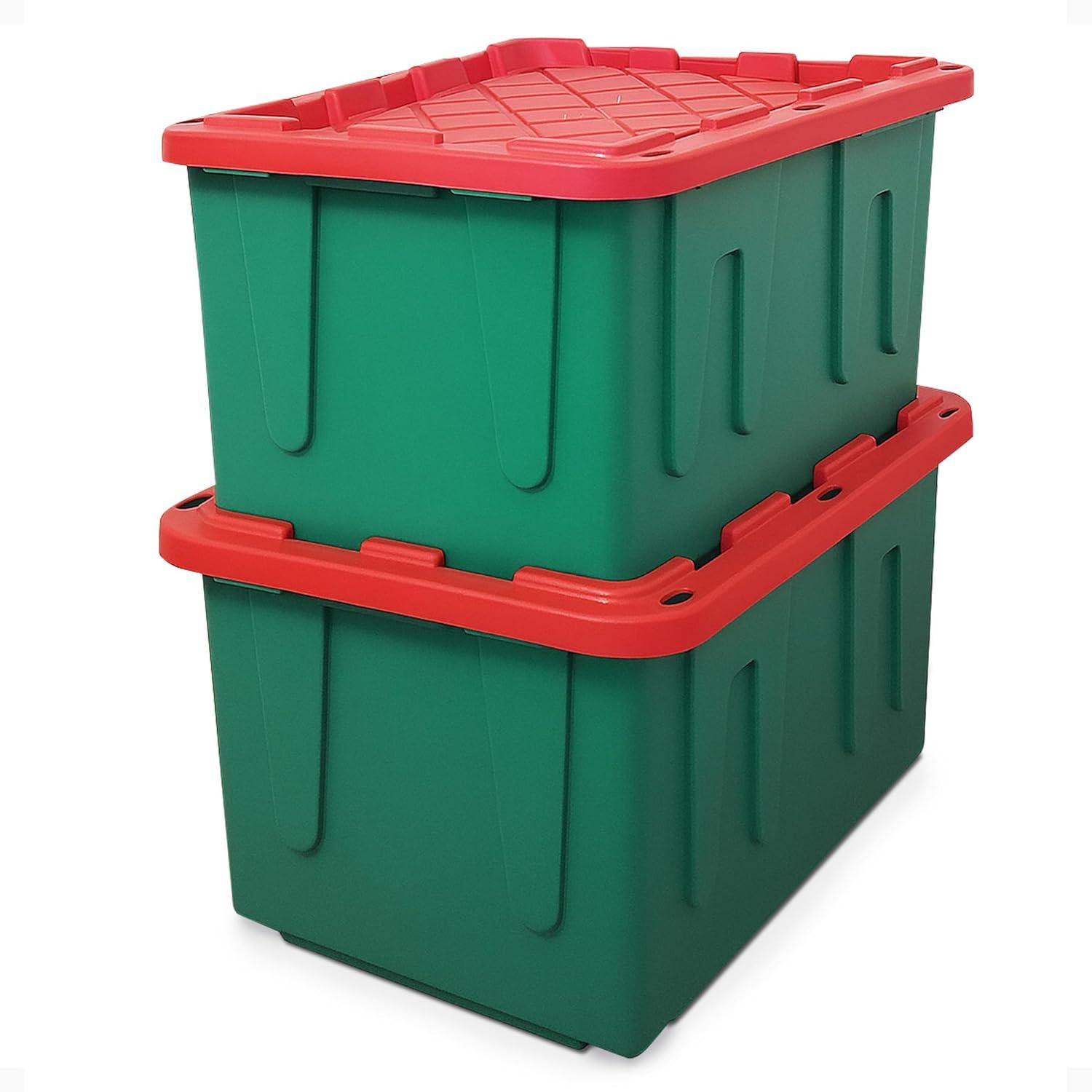 imageHOMZ 2Pack Durabilt Heavy Duty Plastic Storage Bins with Lids 27 Gallon GreenRed  Stackable Container Boxes for Holiday Attic and Garage OrganizationGreen BaseRed Lid