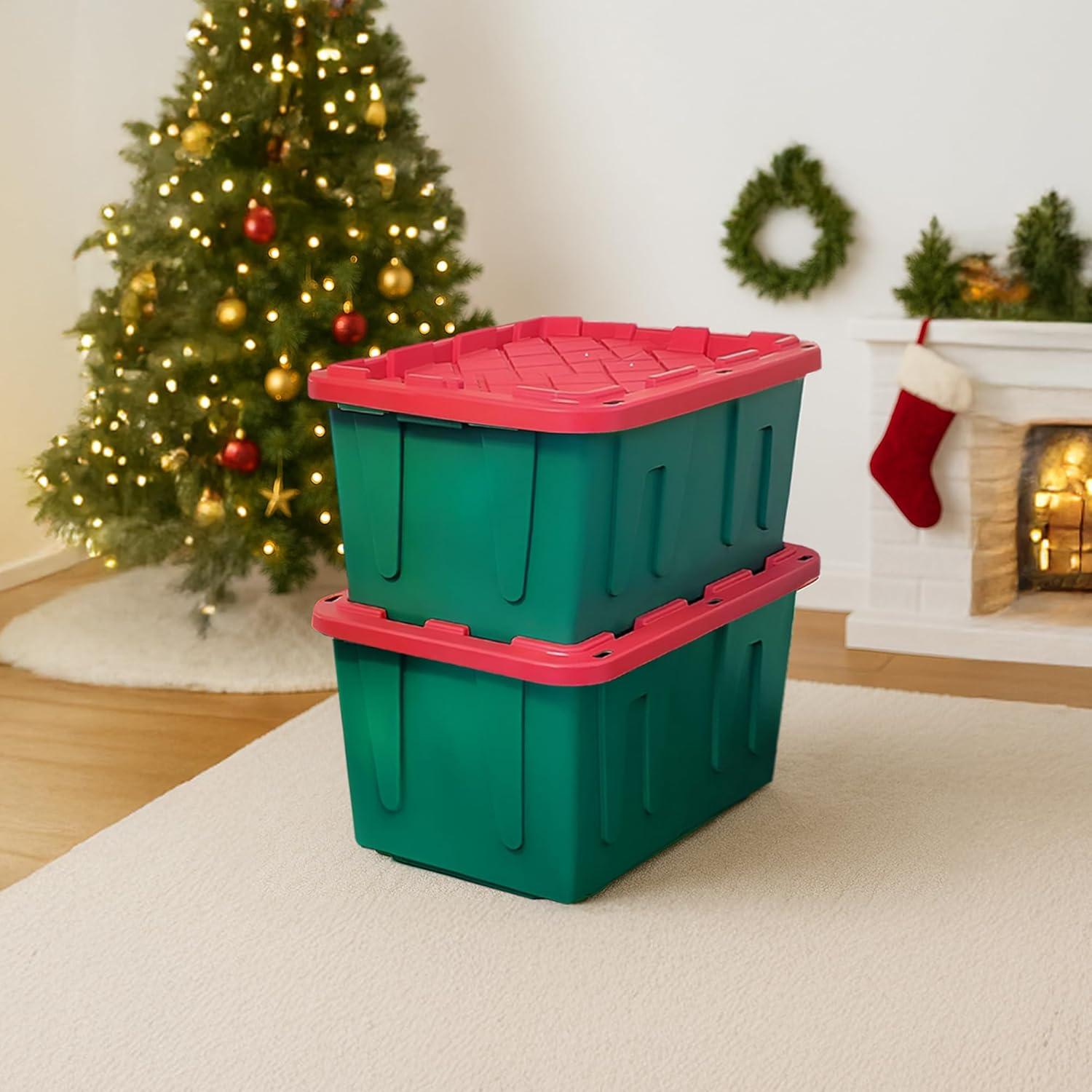 imageHOMZ 2Pack Durabilt Heavy Duty Plastic Storage Bins with Lids 27 Gallon GreenRed  Stackable Container Boxes for Holiday Attic and Garage OrganizationGreen BaseRed Lid