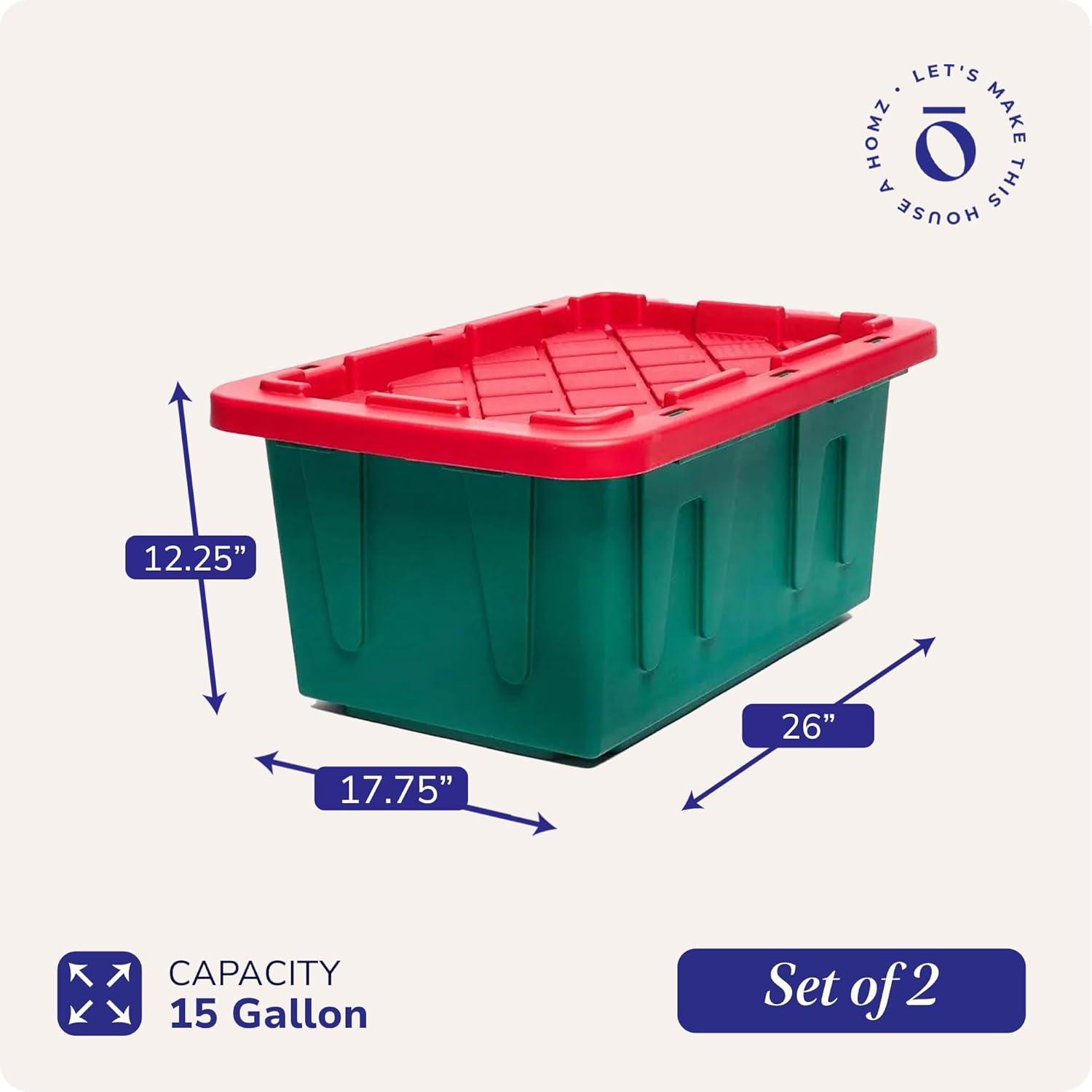 imageHOMZ 2Pack Durabilt Heavy Duty Plastic Storage Bins with Lids 27 Gallon GreenRed  Stackable Container Boxes for Holiday Attic and Garage OrganizationGreen BaseRed Lid