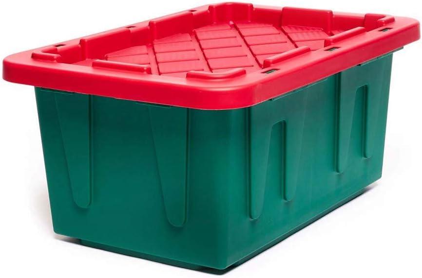 imageHOMZ 2Pack Durabilt Heavy Duty Plastic Storage Bins with Lids 27 Gallon GreenRed  Stackable Container Boxes for Holiday Attic and Garage OrganizationGreen BaseRed Lid
