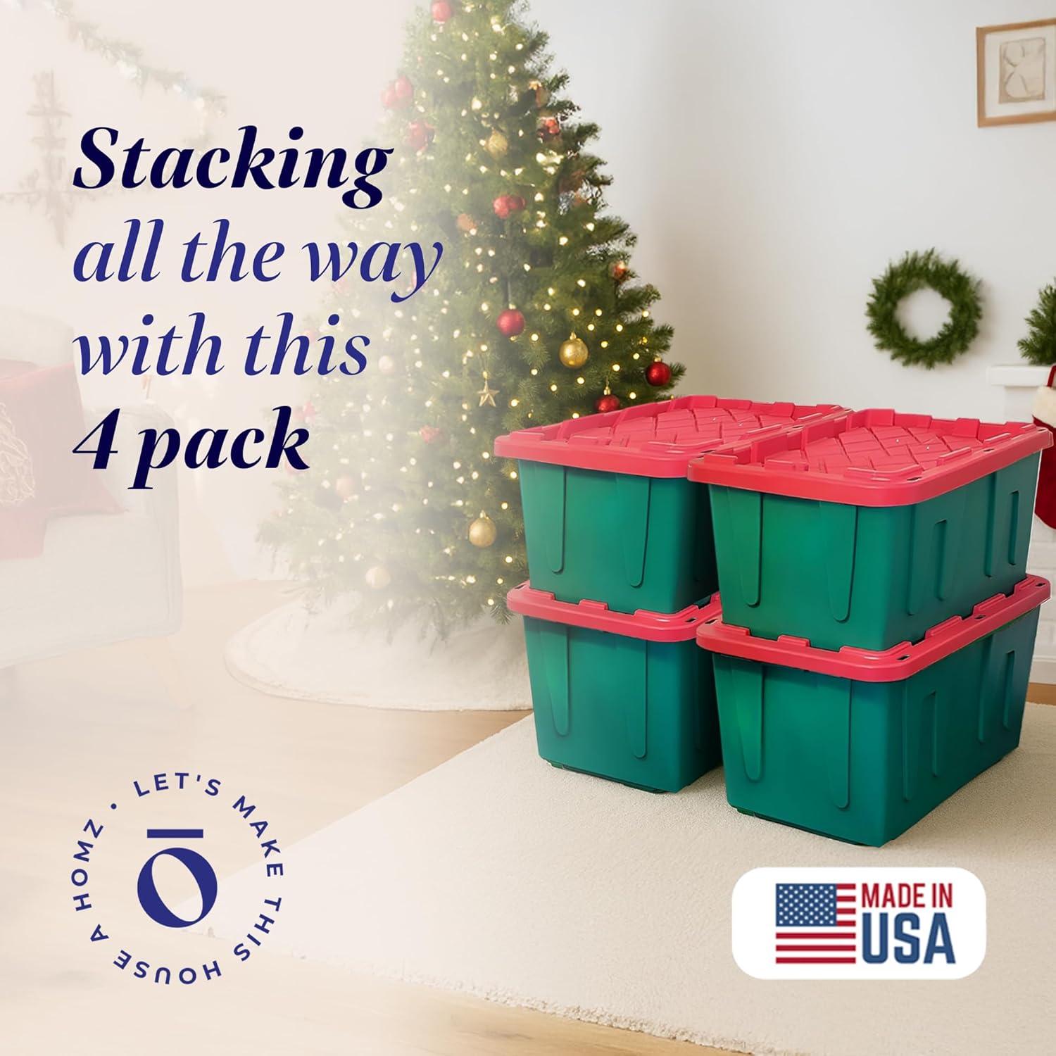 imageHOMZ 2Pack Durabilt Heavy Duty Plastic Storage Bins with Lids 27 Gallon GreenRed  Stackable Container Boxes for Holiday Attic and Garage OrganizationGreen BaseRed Lid