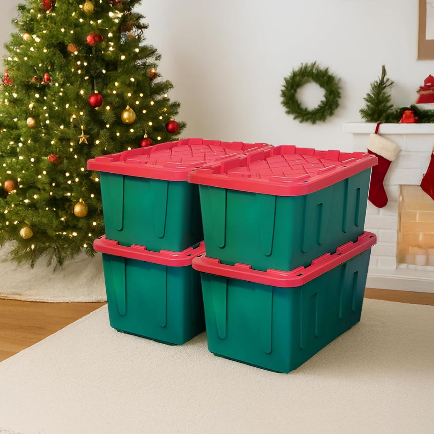 imageHOMZ 2Pack Durabilt Heavy Duty Plastic Storage Bins with Lids 27 Gallon GreenRed  Stackable Container Boxes for Holiday Attic and Garage OrganizationGreen BaseRed Lid