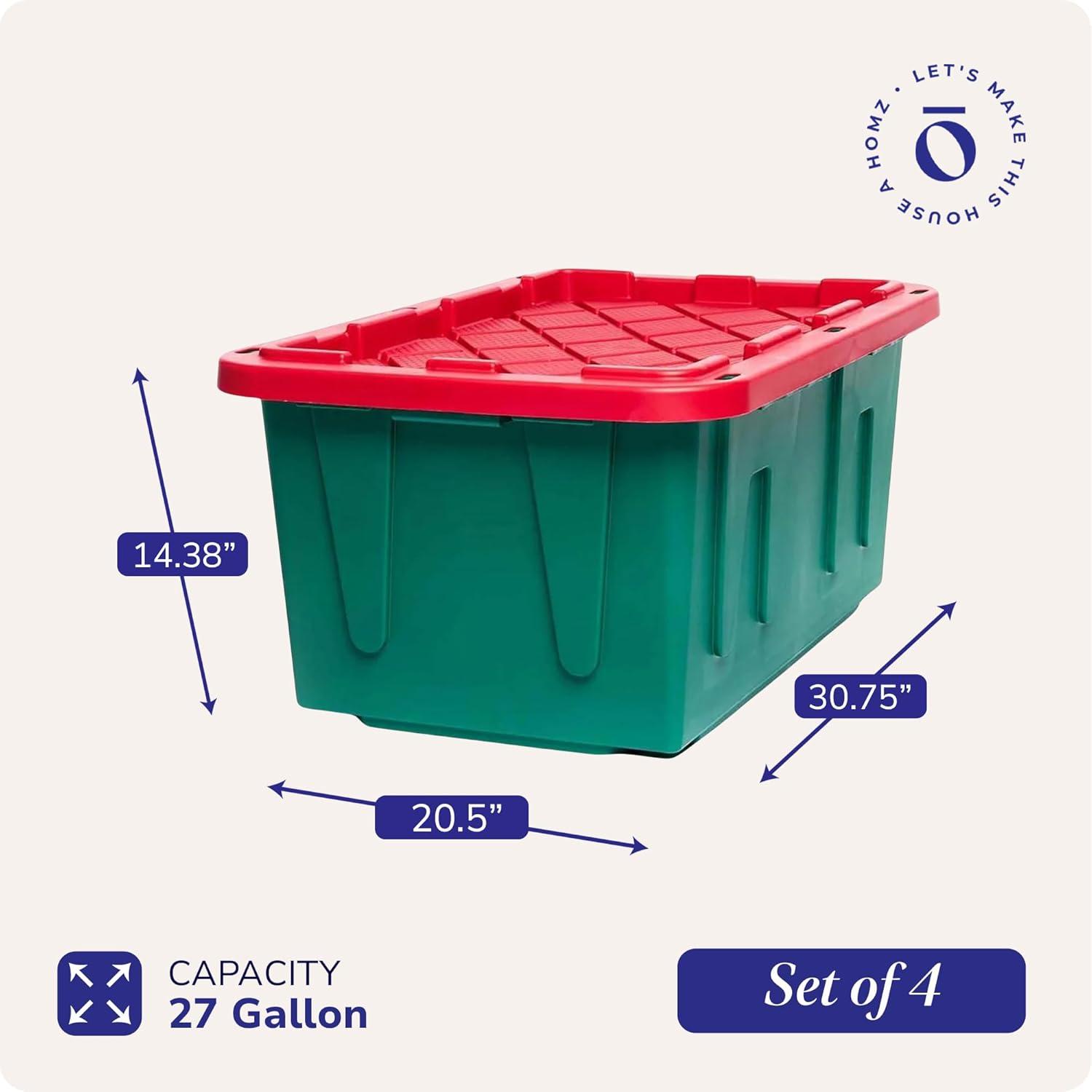 imageHOMZ 2Pack Durabilt Heavy Duty Plastic Storage Bins with Lids 27 Gallon GreenRed  Stackable Container Boxes for Holiday Attic and Garage OrganizationGreen BaseRed Lid