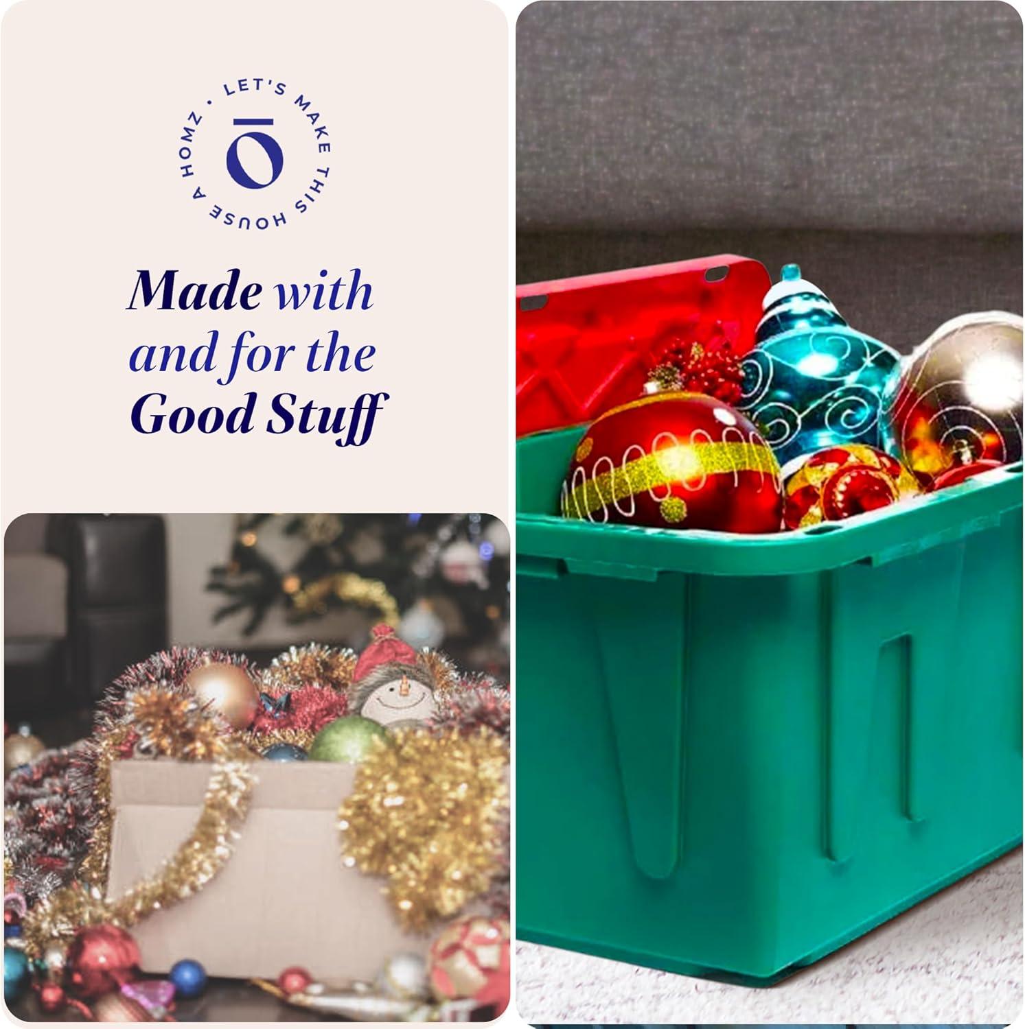 imageHOMZ 2Pack Durabilt Heavy Duty Plastic Storage Bins with Lids 27 Gallon GreenRed  Stackable Container Boxes for Holiday Attic and Garage OrganizationGreen BaseRed Lid