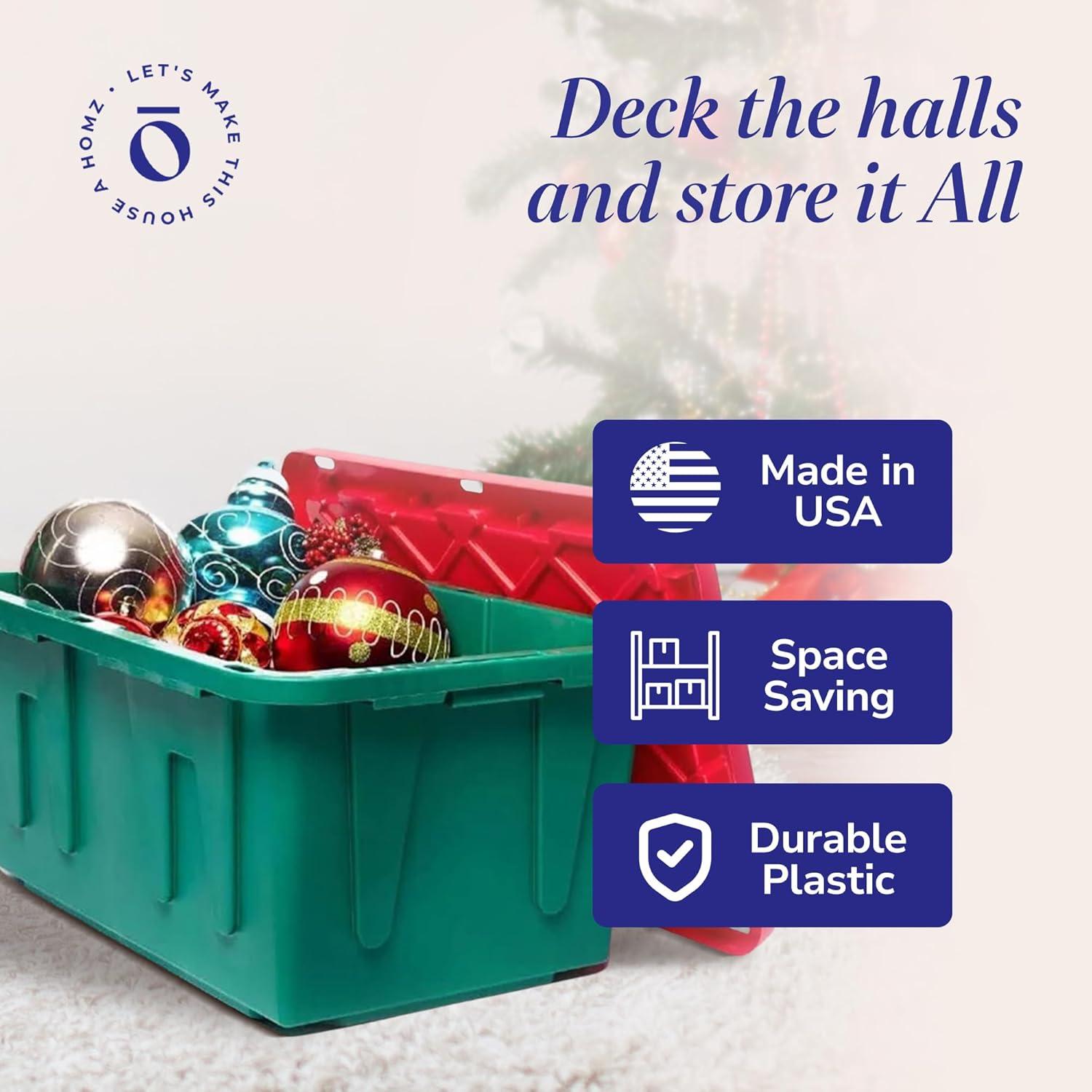 imageHOMZ 2Pack Durabilt Heavy Duty Plastic Storage Bins with Lids 27 Gallon GreenRed  Stackable Container Boxes for Holiday Attic and Garage OrganizationGreen BaseRed Lid