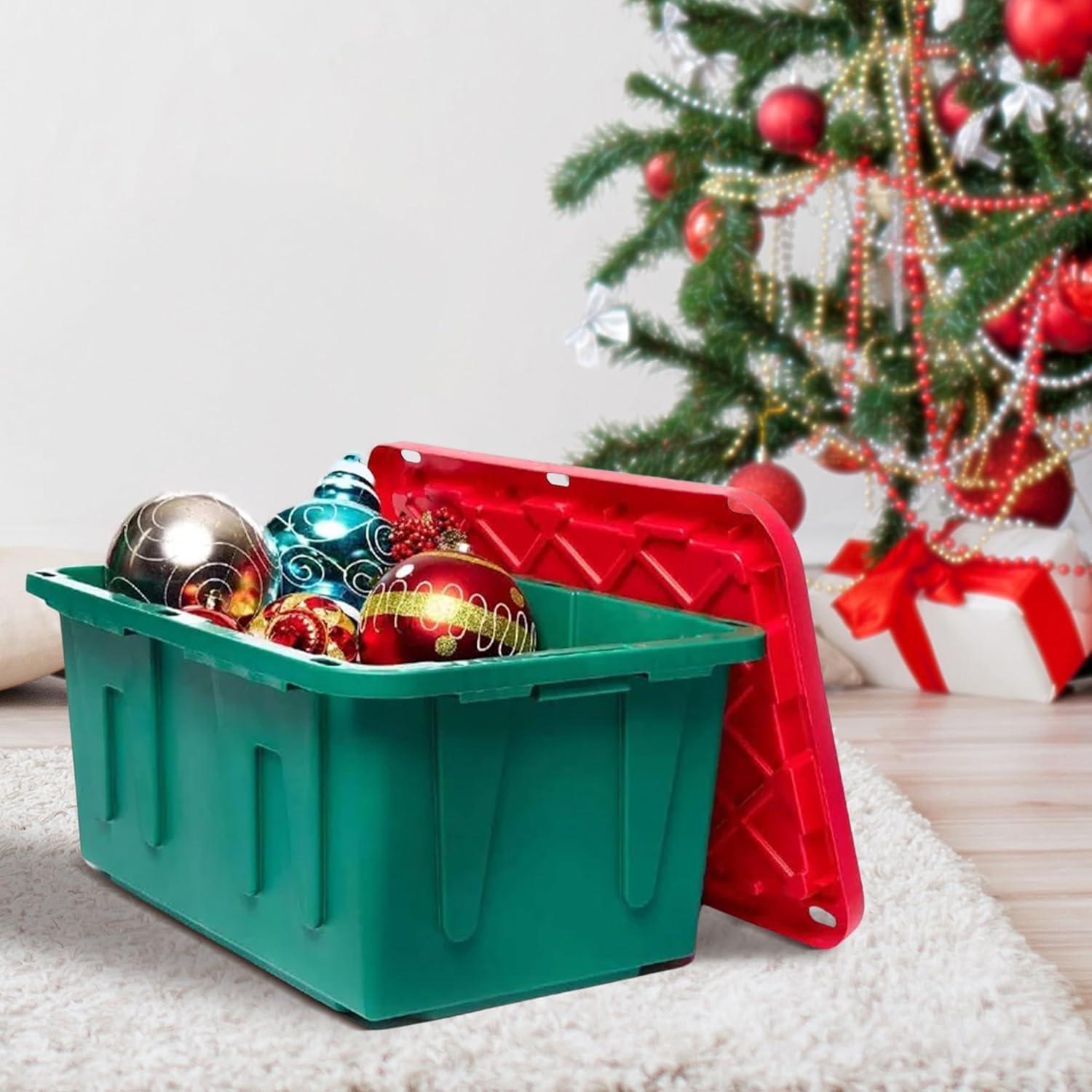 imageHOMZ 2Pack Durabilt Heavy Duty Plastic Storage Bins with Lids 27 Gallon GreenRed  Stackable Container Boxes for Holiday Attic and Garage OrganizationGreen BaseRed Lid