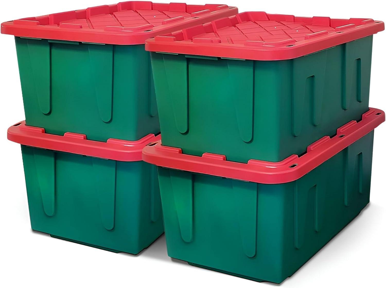 imageHOMZ 2Pack Durabilt Heavy Duty Plastic Storage Bins with Lids 27 Gallon GreenRed  Stackable Container Boxes for Holiday Attic and Garage OrganizationGreen BaseRed Lid