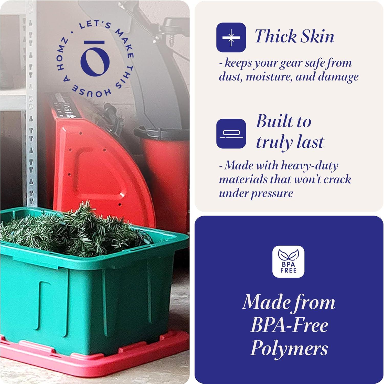 imageHOMZ 2Pack Durabilt Heavy Duty Plastic Storage Bins with Lids 27 Gallon GreenRed  Stackable Container Boxes for Holiday Attic and Garage OrganizationGreen BaseRed Lid