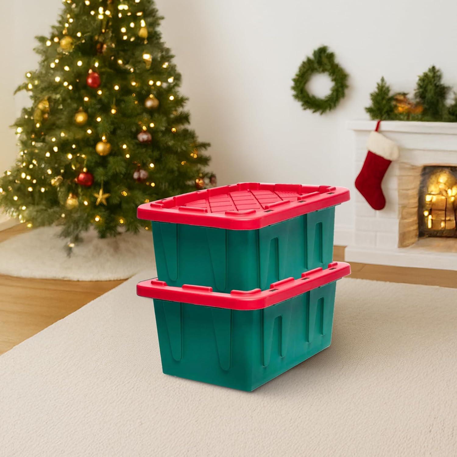 imageHOMZ 2Pack Durabilt Heavy Duty Plastic Storage Bins with Lids 27 Gallon GreenRed  Stackable Container Boxes for Holiday Attic and Garage OrganizationGreen BaseRed Lid