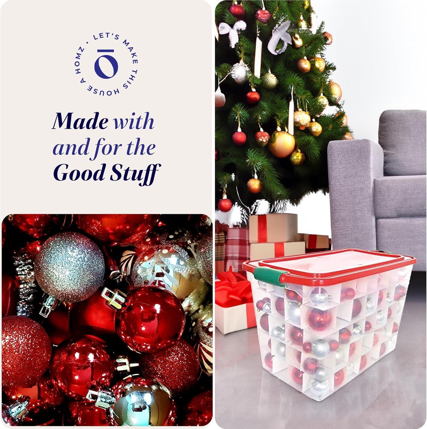imageHOMZ 2Pack Holiday Tote Clear Plastic Storage Bins wLids ampamp Dividers 112 Quart Red  Stackable Organizing Containers for Christmas Ornament Decorations Gift Wraps and Crafts4 Pack