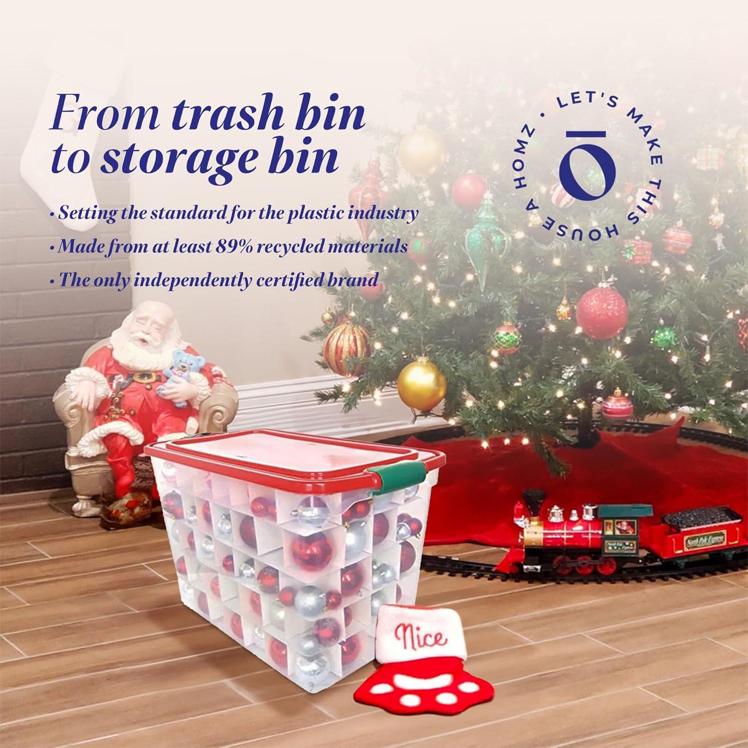 imageHOMZ 2Pack Holiday Tote Clear Plastic Storage Bins wLids ampamp Dividers 112 Quart Red  Stackable Organizing Containers for Christmas Ornament Decorations Gift Wraps and Crafts112 Quart