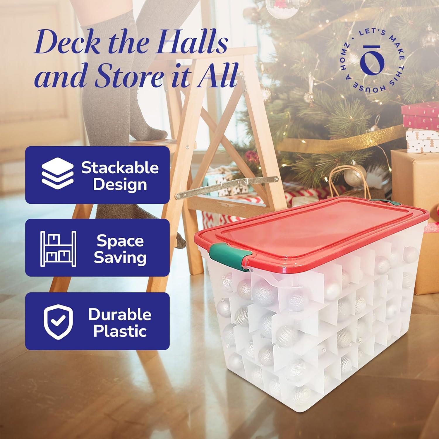 imageHOMZ 2Pack Holiday Tote Clear Plastic Storage Bins wLids ampamp Dividers 112 Quart Red  Stackable Organizing Containers for Christmas Ornament Decorations Gift Wraps and Crafts4 Pack