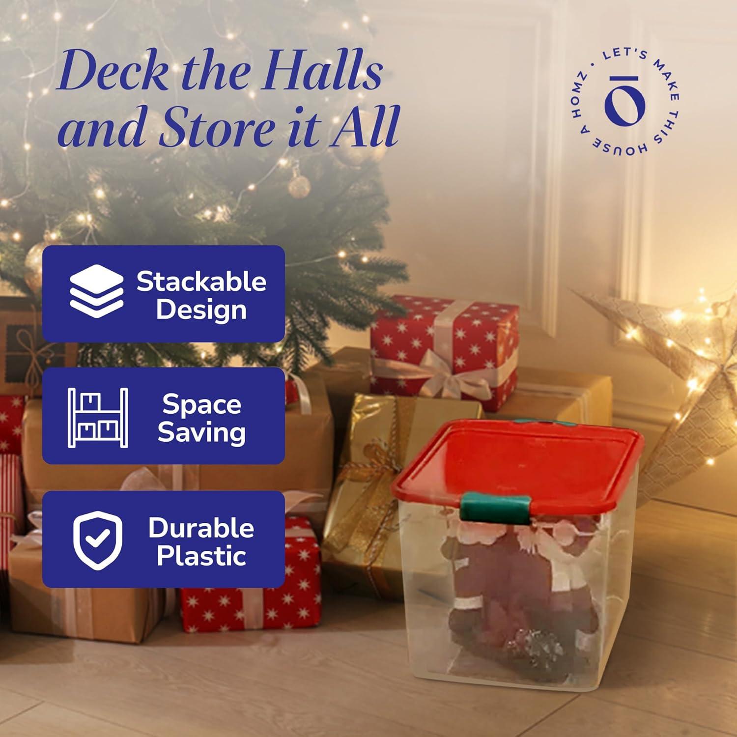imageHOMZ 2Pack Holiday Tote Clear Plastic Storage Bins wLids ampamp Dividers 112 Quart Red  Stackable Organizing Containers for Christmas Ornament Decorations Gift Wraps and Crafts31 Quart Pack of 4