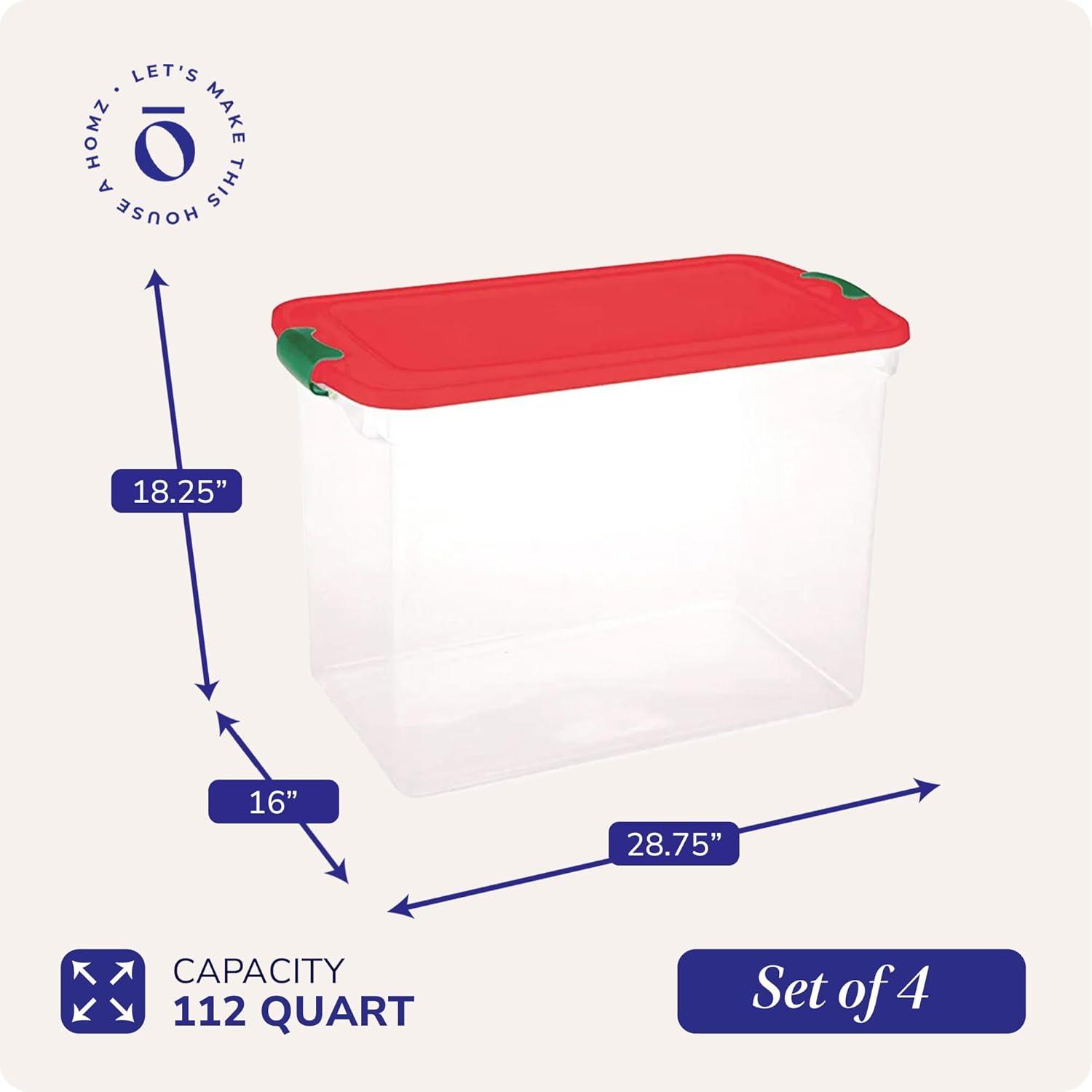 imageHOMZ 2Pack Holiday Tote Clear Plastic Storage Bins wLids ampamp Dividers 112 Quart Red  Stackable Organizing Containers for Christmas Ornament Decorations Gift Wraps and Crafts4 Pack