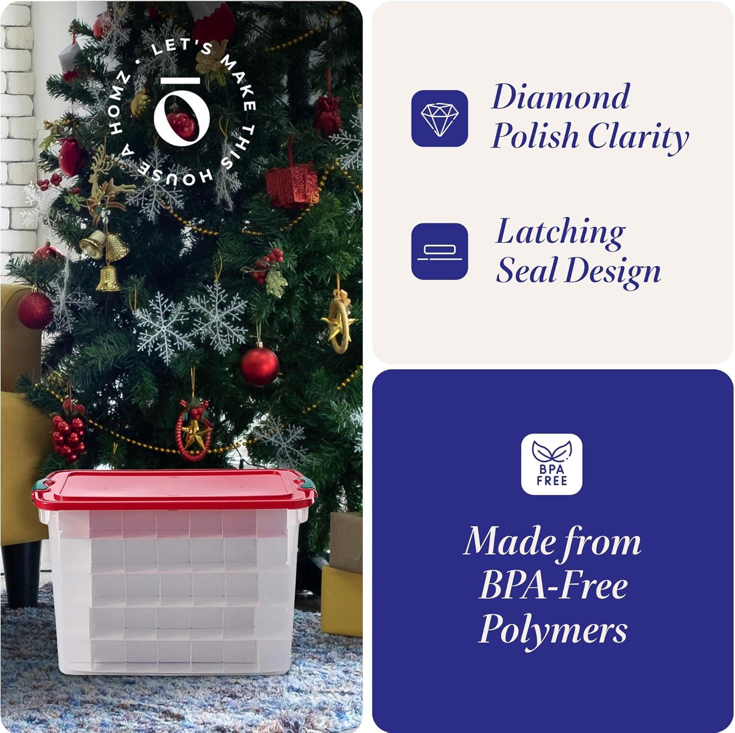 imageHOMZ 2Pack Holiday Tote Clear Plastic Storage Bins wLids ampamp Dividers 112 Quart Red  Stackable Organizing Containers for Christmas Ornament Decorations Gift Wraps and Crafts112 Quart