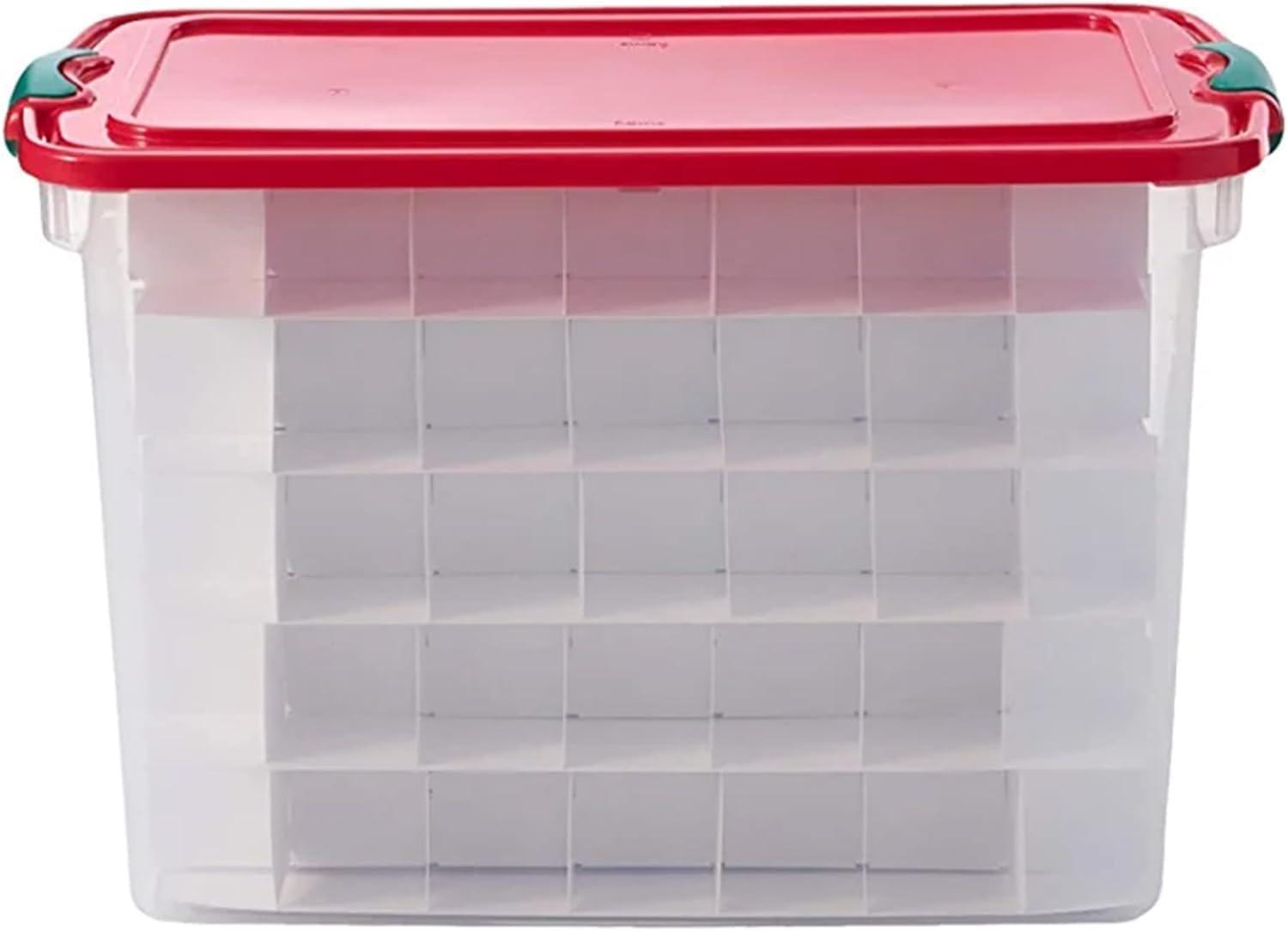 imageHOMZ 2Pack Holiday Tote Clear Plastic Storage Bins wLids ampamp Dividers 112 Quart Red  Stackable Organizing Containers for Christmas Ornament Decorations Gift Wraps and Crafts4 Pack